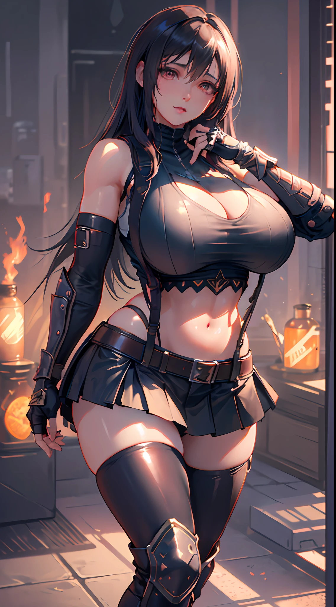 Unreal Engine 5 Realistic Render, (masterpiece, best quality), intricate details, (Best quality)), ((masterpiece)), ((realistic)), (hyperrealism:1.2), (fractal art:1.2),
1girl, 7rtifa, crop top, arm guards, fingerless gloves, suspenders, pleated miniskirt, black thighhighs, red boots
extreme detailed eyes, colorful, highest detailed,
vibrant colors, high contrast,
(8K UHD:1.2), (photorealistic:1.2), beautiful face, top body is hyper realistic thicc muscle and hyper largest_breasts!! with the type of boobs_melons, lower is huge buttocks, wet shiny body