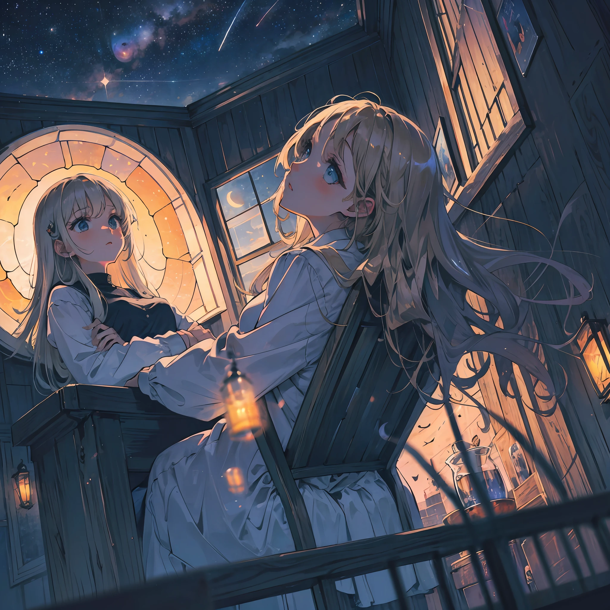 A beautiful girl sitting alone on a bay window,Look up at the night sky --auto