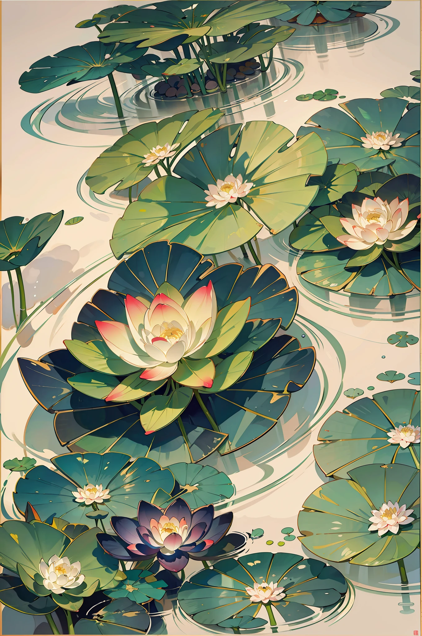 large lotus leaf，lotuses，Ink painting style，clean color，Ink style，Smudge，Freehand，The Masterpiece，Ultra Verbose，Epic composition, high qulity, Maximum quality,Lotus fairy，ancient wind，Dunhuang Flying Sky