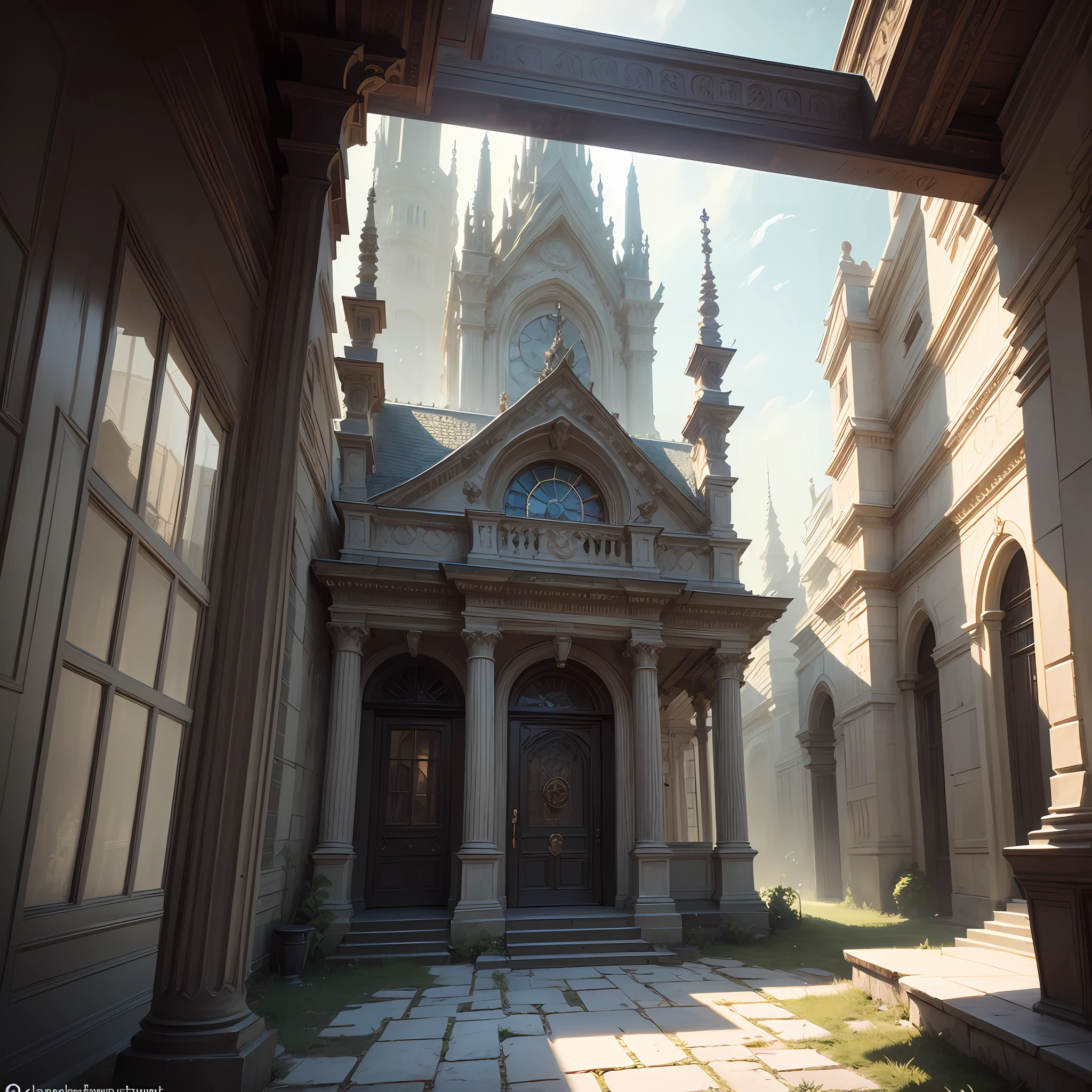 European classical architecture，Carved facades，Outdoor patio，Realistic style，Complex design，Epic Instagram，art stations，scherenschnitte，Ultra-detailed intricate details，unrealengine，fantastical，complicated detail，splash image，complementary color，fantasy concept art，8K分辨率，A masterpiece of deviantart，oill painting，Heavy strokes，Paint dripping，（Isolate on a white background：1.3） --auto