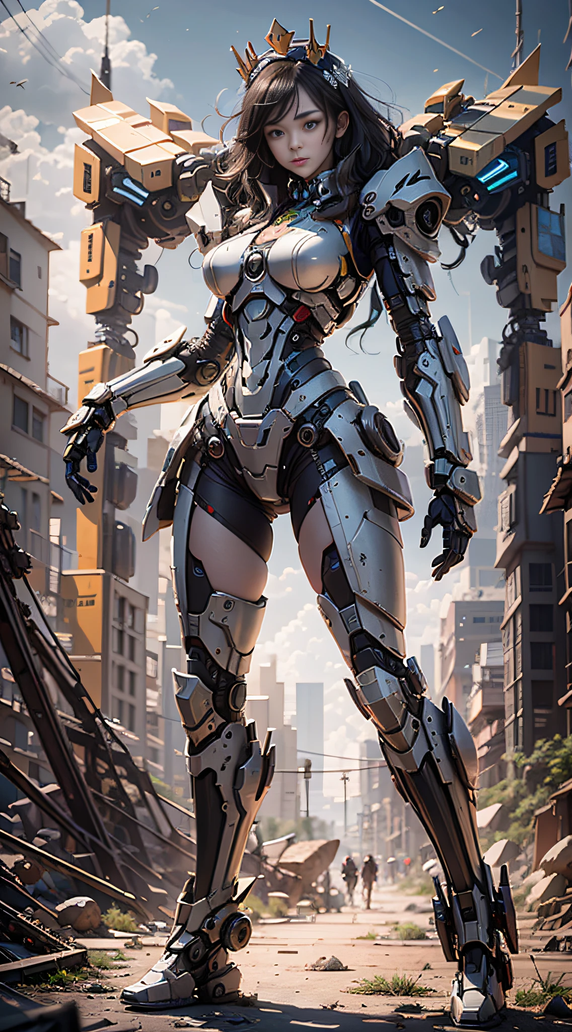 (Best Quality)), ((Masterpiece)), (Very Detailed: 1.3), 3D, Icaru valkirie-mecha, Beautiful cyberpunk woman wearing crown, with master chef style armor, sci-fi technology, HDR (High Dynamic Range), ray tracing, nvidia RTX, super resolution, unreal 5, subsurface scattering, PBR texture, post-processing, anisotropic filtering, depth of field, maximum sharpness and sharpness, multi-layer texture, Specular and albedo mapping, surface shading,  accurate simulation of light-material interactions, perfect proportions, octane rendering, duotone lighting, low ISO, white balance, rule of thirds, wide aperture, 8K RAW, high efficiency subpixels, subpixel convolution, light particles, light scattering, Tyndall effect, very sexy, full body, battle pose, black hair with braids,