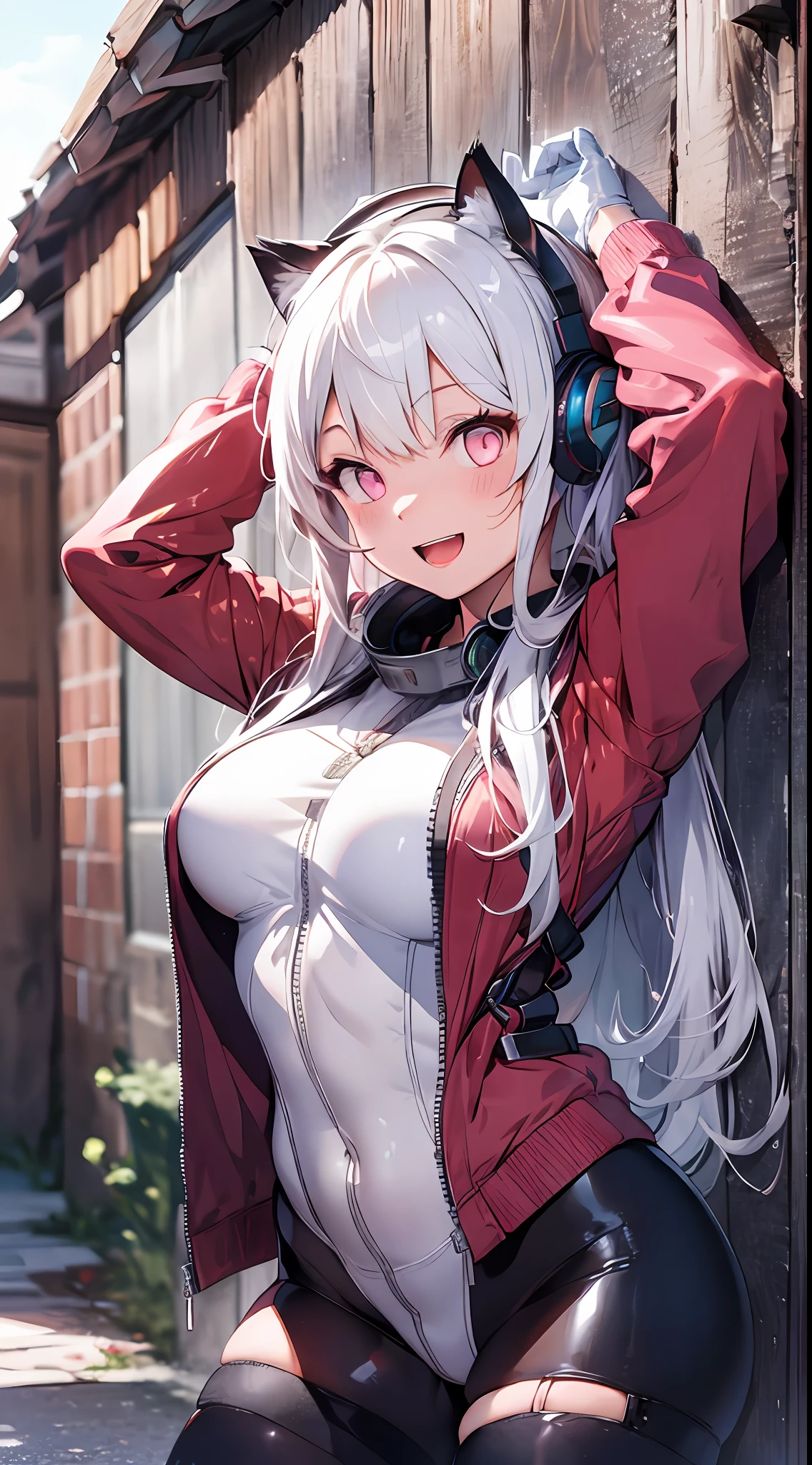 RAW photos, top quality, masterpieces: 1.2), (realistic, photoreal: 1.4), (masterpieces: 1.4), (best quality: 1.4), 1 girl, solo, :d, cat ears, cat ears, arms up, bangs, blush, bodysuit, chest, clothes writing, covered navel, cowboy shot, cropped jacket, gloves, outdoors, morning, snow, hair intake, headphones, impossible bodysuit, impossible clothes, jacket, big, latex, latex bodysuit, long hair, long sleeves, looking at viewer, big, colorful gloves, open mouth, pink bodysuit, pink eyes, red eyes, red jacket, shiny clothing, shrug \(clothing\), side locks, snug to skin, smile, thigh gap, thighs, twin tails, Very long hair, white gloves, white hair, Alice \ (Nicke\), (shiny skin), real,