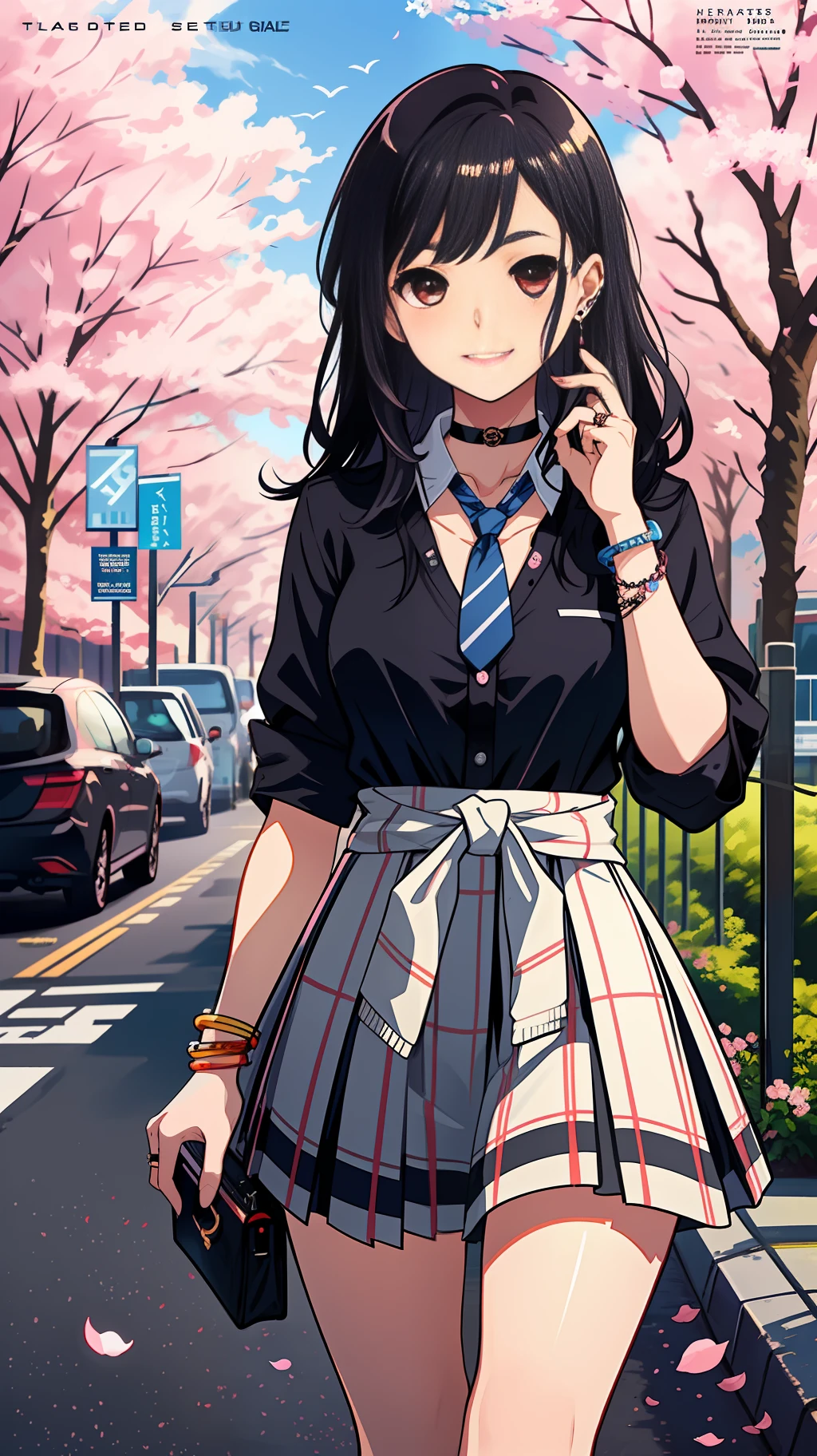 masterpiece, best quality, full body, 1girl, bangs, black choker, black necktie, black hair, blue skirt, blush, bracelet, breasts, choker, clothes around waist, collarbone, collared shirt, cowboy shot, dress shirt, ear piercing, eyebrows visible through hair, gradient hair, grin, gyaru, jewelry, kogal, long hair, looking at viewer, loose necktie, necktie, piercing, plaid, plaid skirt, pleated skirt, red eyes, ring, school uniform, shirt, skirt, smile, solo, white shirt, street, sky, cherry blossoms, petals,illustration, (magazine:1.3), (cover-style:1.3), fashionable, woman, vibrant, outfit, posing, front, colorful, dynamic, background, elements, confident, expression, holding, statement, accessory, majestic, coiled, around, touch, scene, text, cover, bold, attention-grabbing, title, stylish, font, catchy, headline, larger, striking, modern, trendy, focus, fashion,