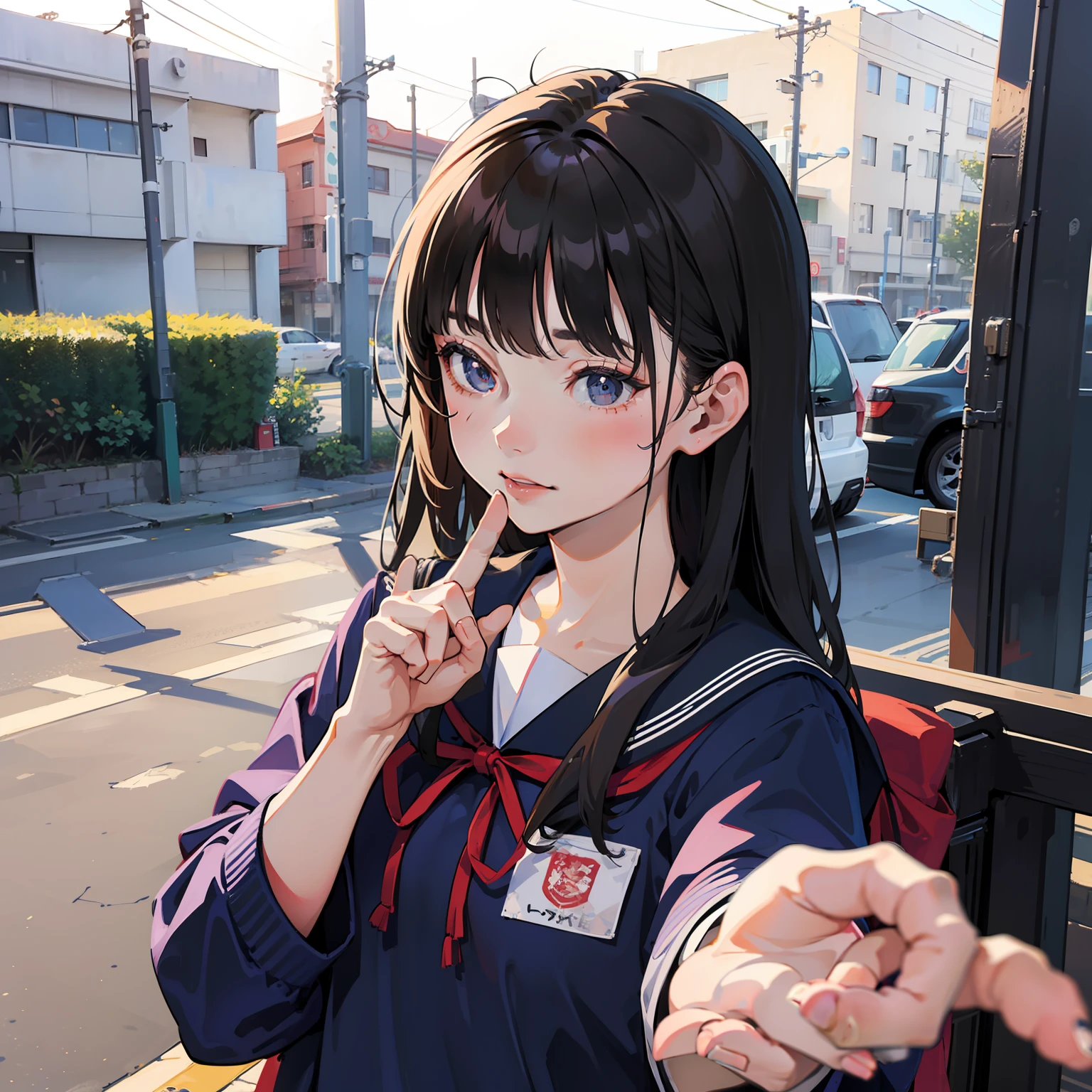 there is a woman that is taking a picture of herself, a picture by Sengai, Tumblr, tachisme, seifuku, japanese girl school uniform, wearing japanese school uniform, with index finger, she is holding a smartphone, Japan School Uniform, sakimichan, Urzan, Anime girl in real life, Kantai collection style