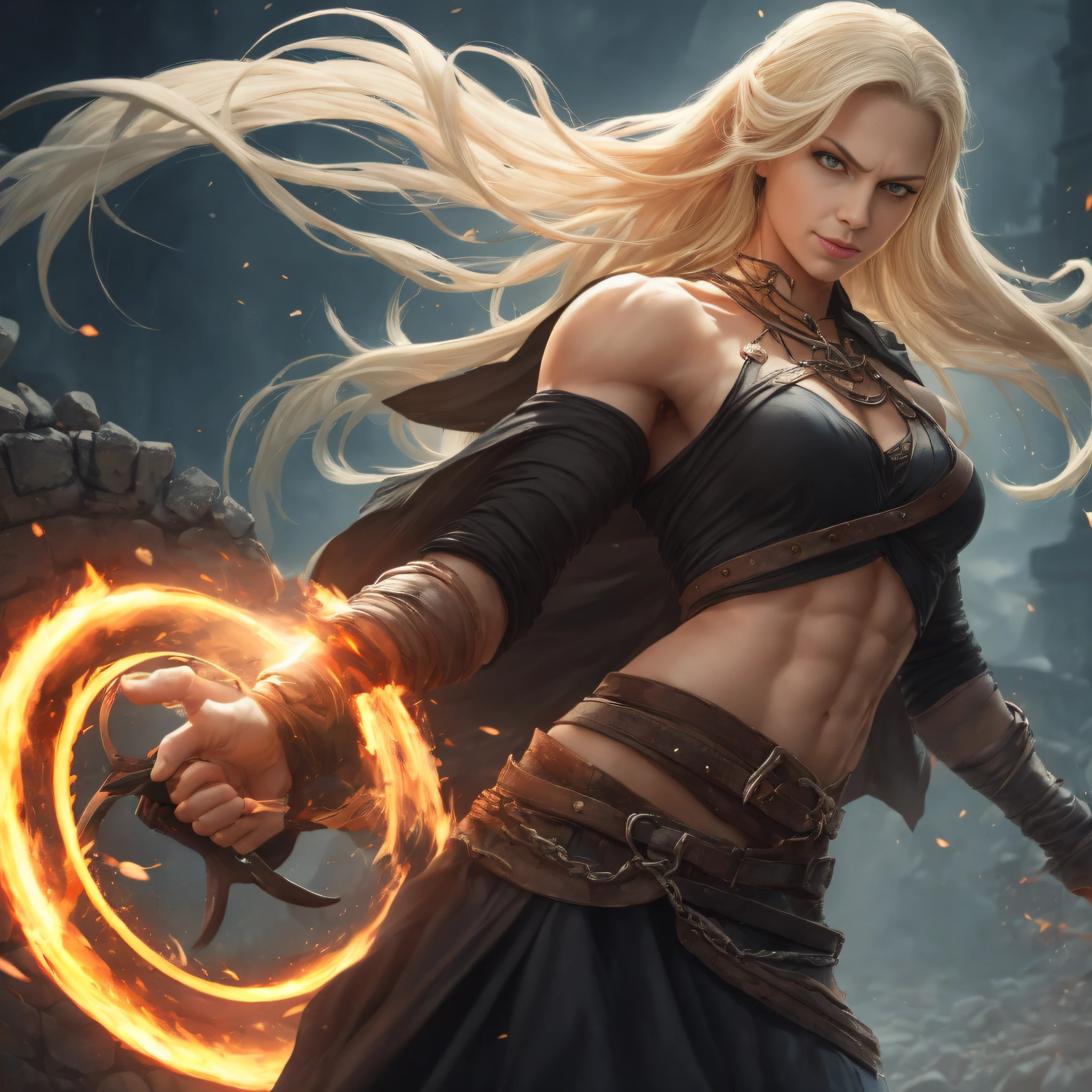 a spirited blonde woman in a black body wrap, in her early twenties, with glowing red eyes, blood streaming down her muscles, muscular, facing a neutral stone wall, smiling with youthful and evil determination. A black little rune-like circle emanates from her wrist, exuding ominous energy. Dark Souls style, realistic, medieval, young, spirited, angry. The background remains neutral to highlight the woman and her fresh, fearless energy.
