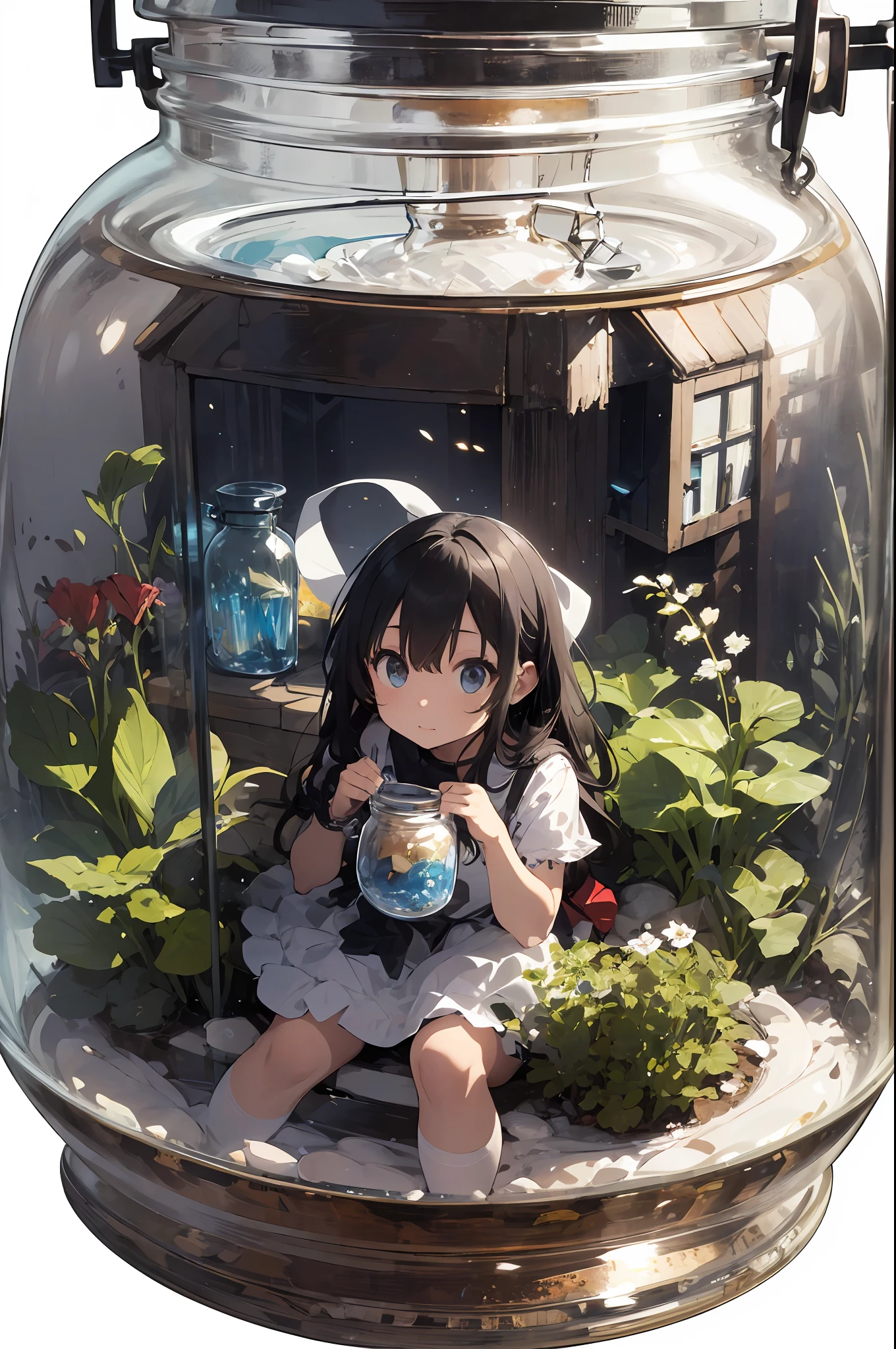 (masterpiece, best quality), intricate details, 8k, artstation, wallpaper, sharp focus, ca3,(white background:1.45),(transparent background:1.3),{(depth of field:0.5)},(glass strips:1.2),[(glass jar:1.15),(girl in jar:1.35):(sitting girl)], fix,cute,whole body,