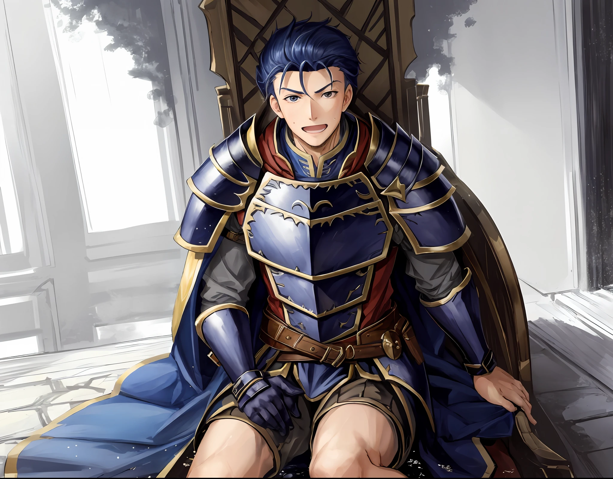 Hector Fey, 独奏, looks at the viewer, Teasing laughter, Open your mouth,droolng,perspire,Drenched,Get wet,mitts, 1 man, Male focus, Sit straddled(sitting in chair),Cloak, Armour, Shoulder armor, pov from below