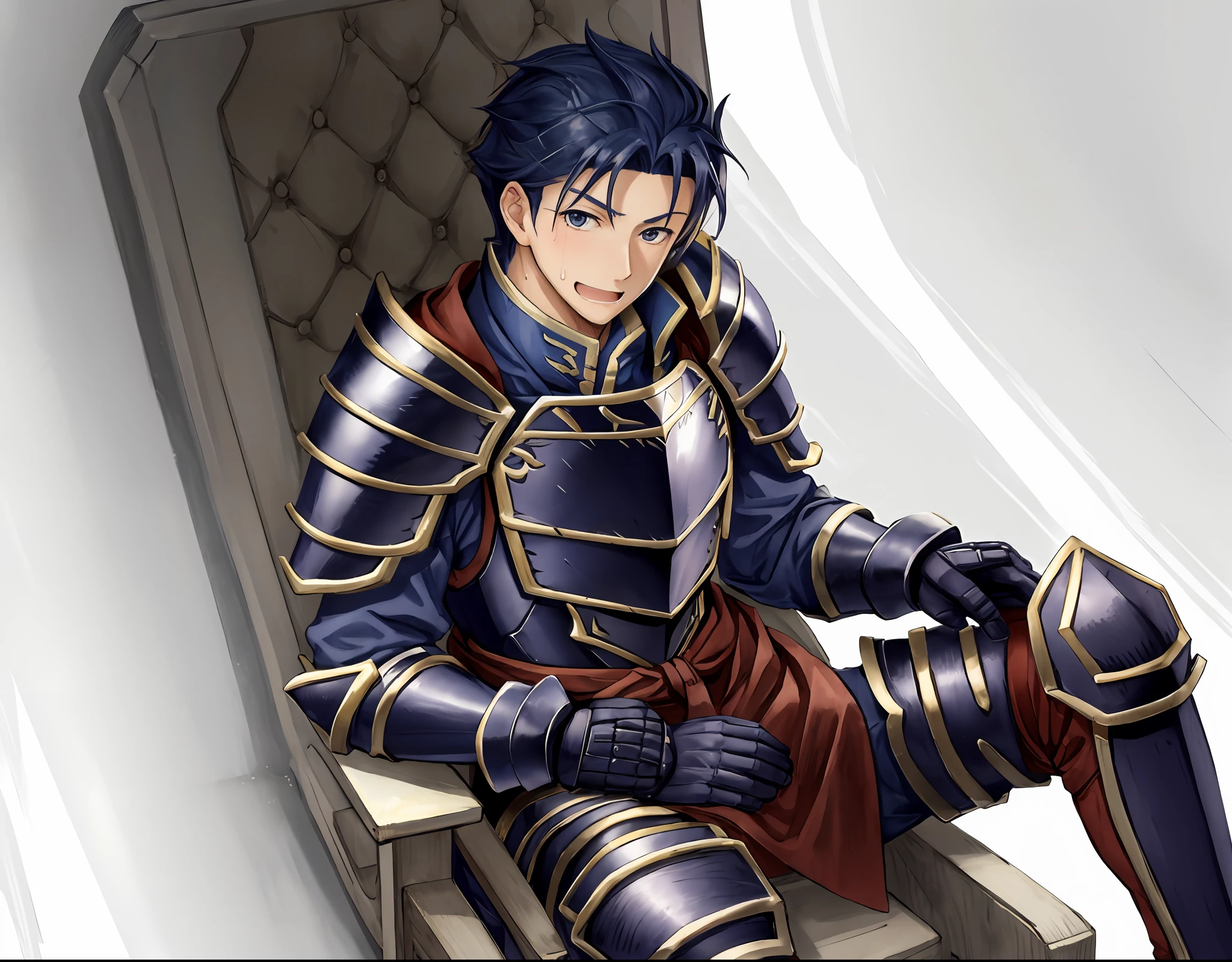 Hector Fey， 独奏， looks at the viewer， Teasing laughter， Open your mouth，droolng，perspire，Drenched，Get wet，mitts， 1 man， Male focus， Sit straddled（sitting in chair），Cloak， Armour， Shoulder armor， pov from below