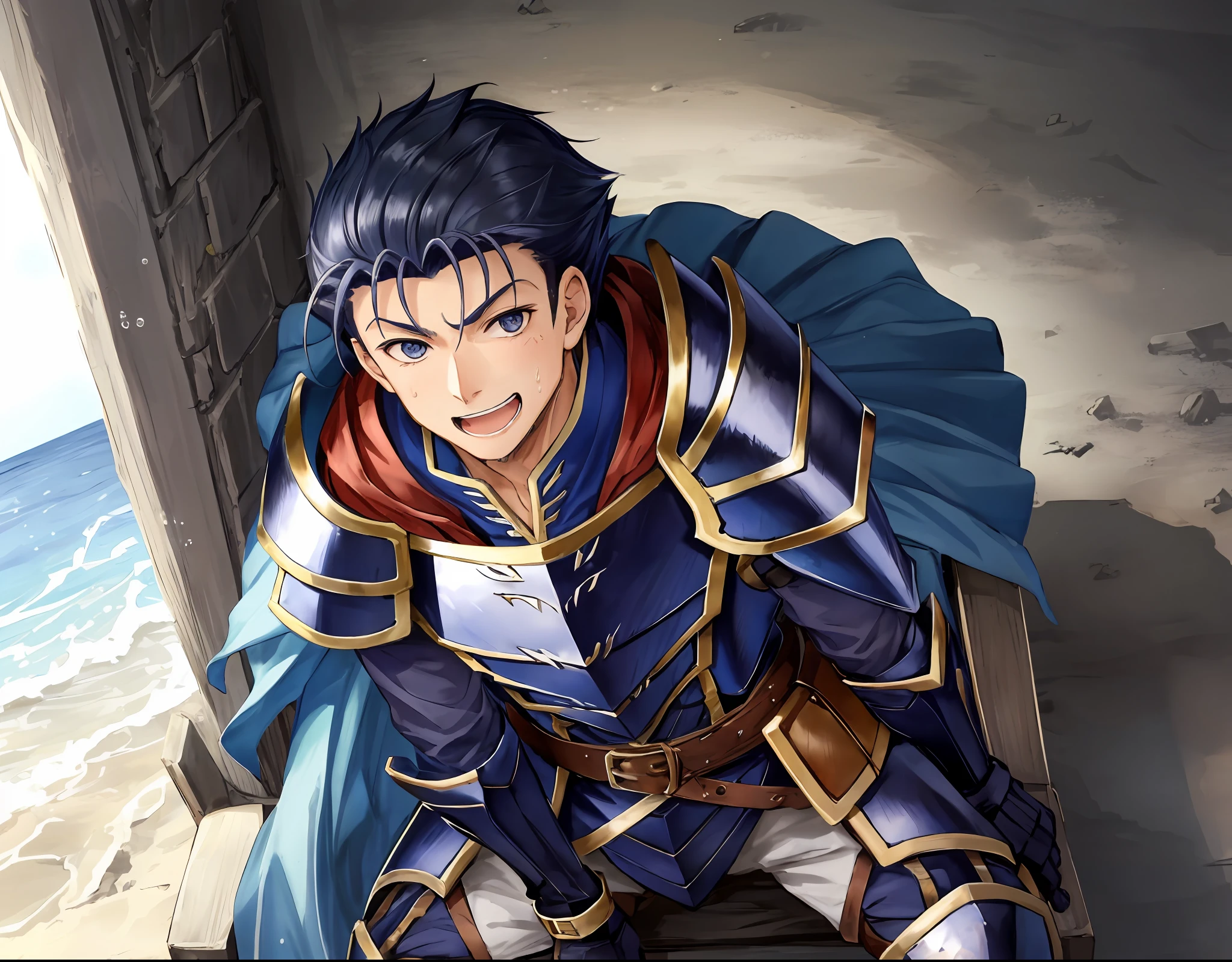 Hector Fey, 独奏, looks at the viewer, Teasing laughter, Open your mouth,droolng,perspire,Drenched,Get wet,mitts, 1 man, Male focus, Sit straddled(sitting in chair),Cloak, Armour, Shoulder armor, pov from below