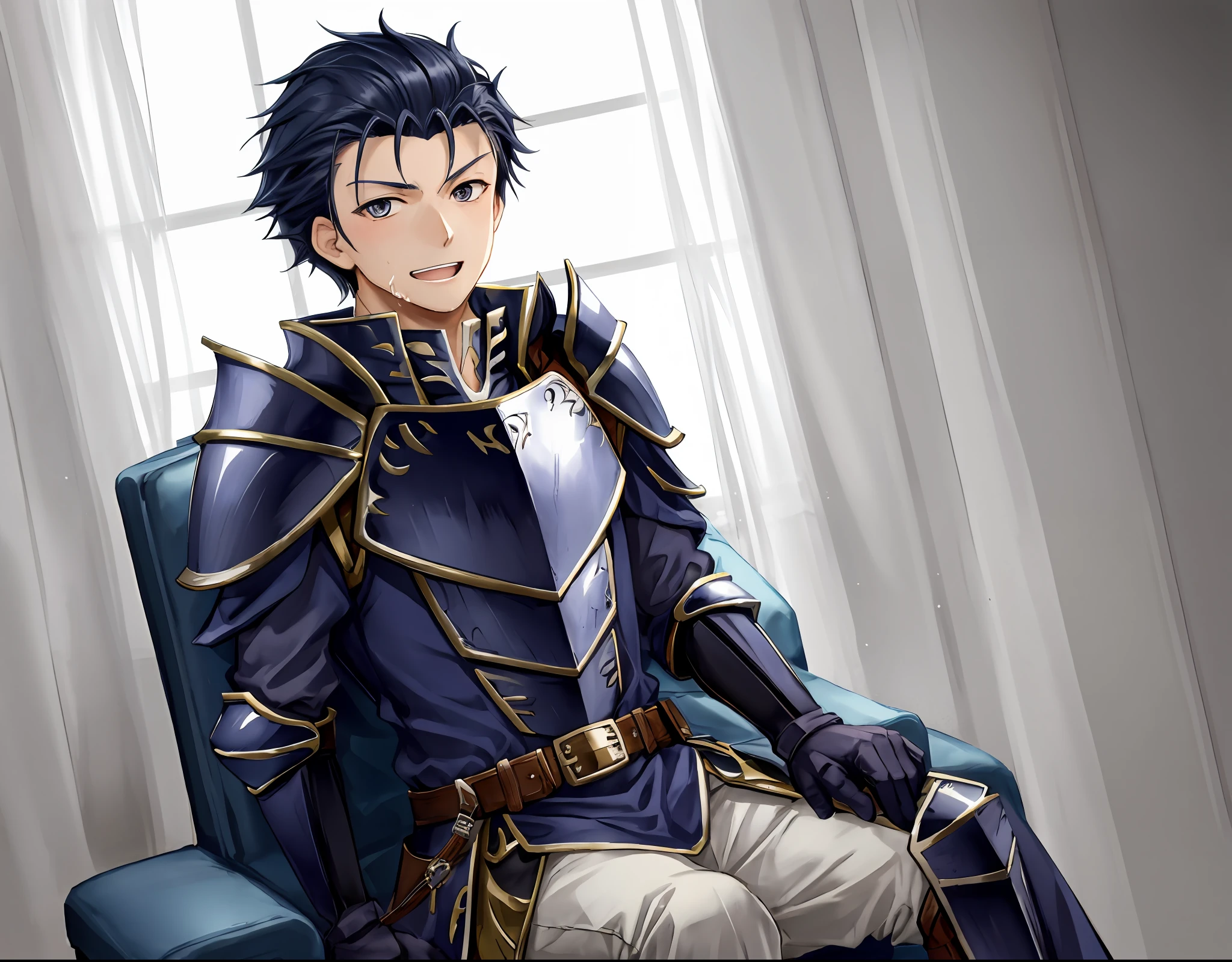 Hector Fey， 独奏， looks at the viewer， Teasing laughter， Open your mouth，droolng，perspire，Drenched，Get wet，mitts， 1 man， Male focus， Sit straddled（sitting in chair），Cloak， Armour， Shoulder armor， pov from below