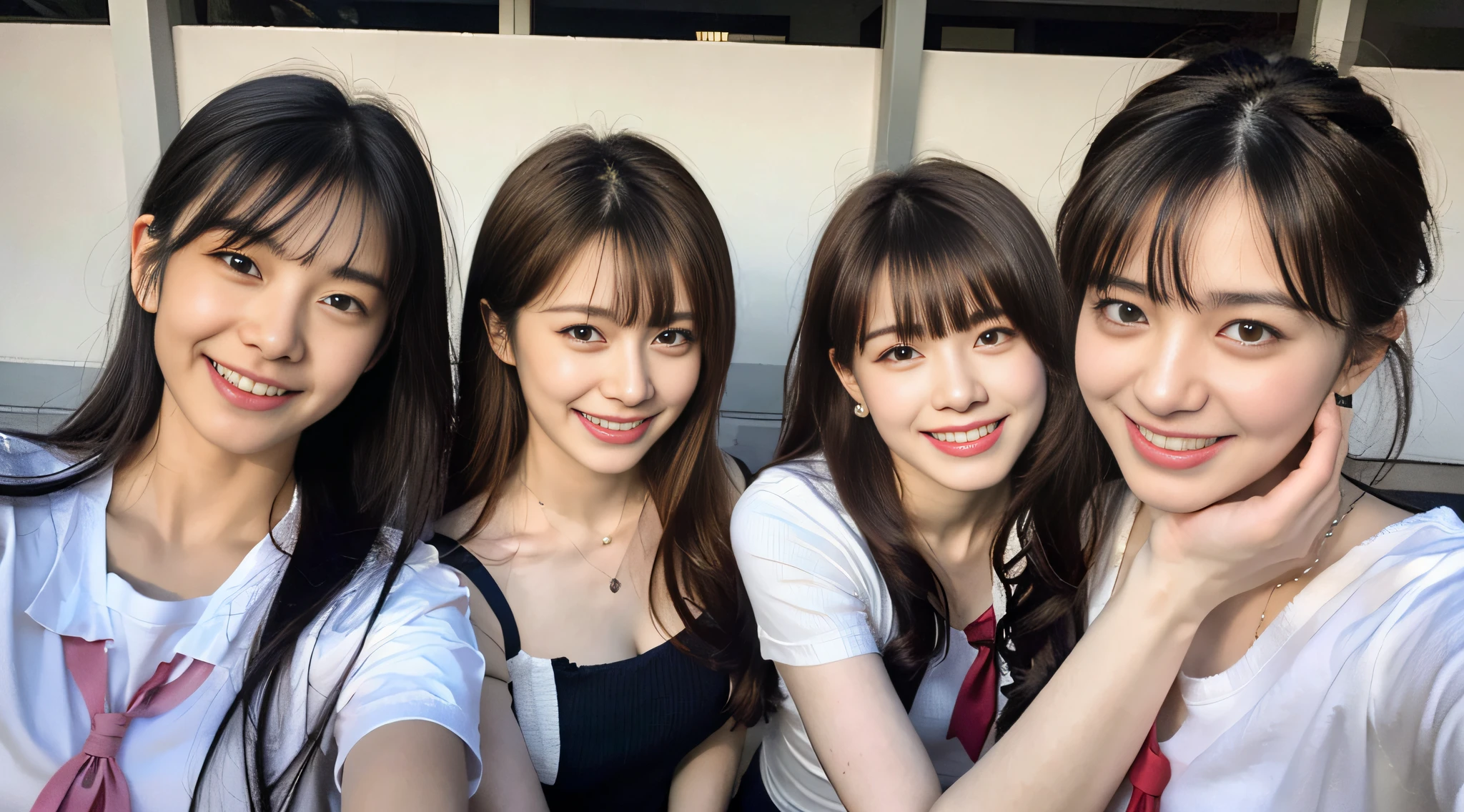 (8K、Raw photography、best qualiy、Master Masterpiece:1.2)、from above view、Camera from above、Camera angle from above、I'm looking at this with upward eyes、High-quality images taken with a camera from above、Ultra Verbose、Super Resolution、(Realstic、real pictures:1.37)、High school girl in sailor suit frolicking at the water's edge、Full body shot、full length photo、High-resolution RAW color photos、professional picture、Sun Beach、Atmospheric scenery、Very detailed and beautiful、Ultra-high image quality、8k race wallpaper、Amazing details、、Very detailed beautiful girl、Very detailed face Very detailed eyes、Very realistic skin、 extremely detailed fingers, extremely detailed nose, extremely detailed mouth, Perfect Anatomy, high detailed backgrounds, Highly detailed clothing, Teen, Cute little girl, famous Japan idol, a Pretty, Realistic body, Slender, White Skin Skin, Glowing skin, Slim body, Long straight hair, (Blunt bangs:1.2), Realistic face, Delicate eys, Double eyelidd,、red necktie、Pink eye shadow schoolgirl youth Celebrity-level cuteness Frolicking with multiple high school girls Looks fun A figure full of smiles、Arms open、Adorable Smile