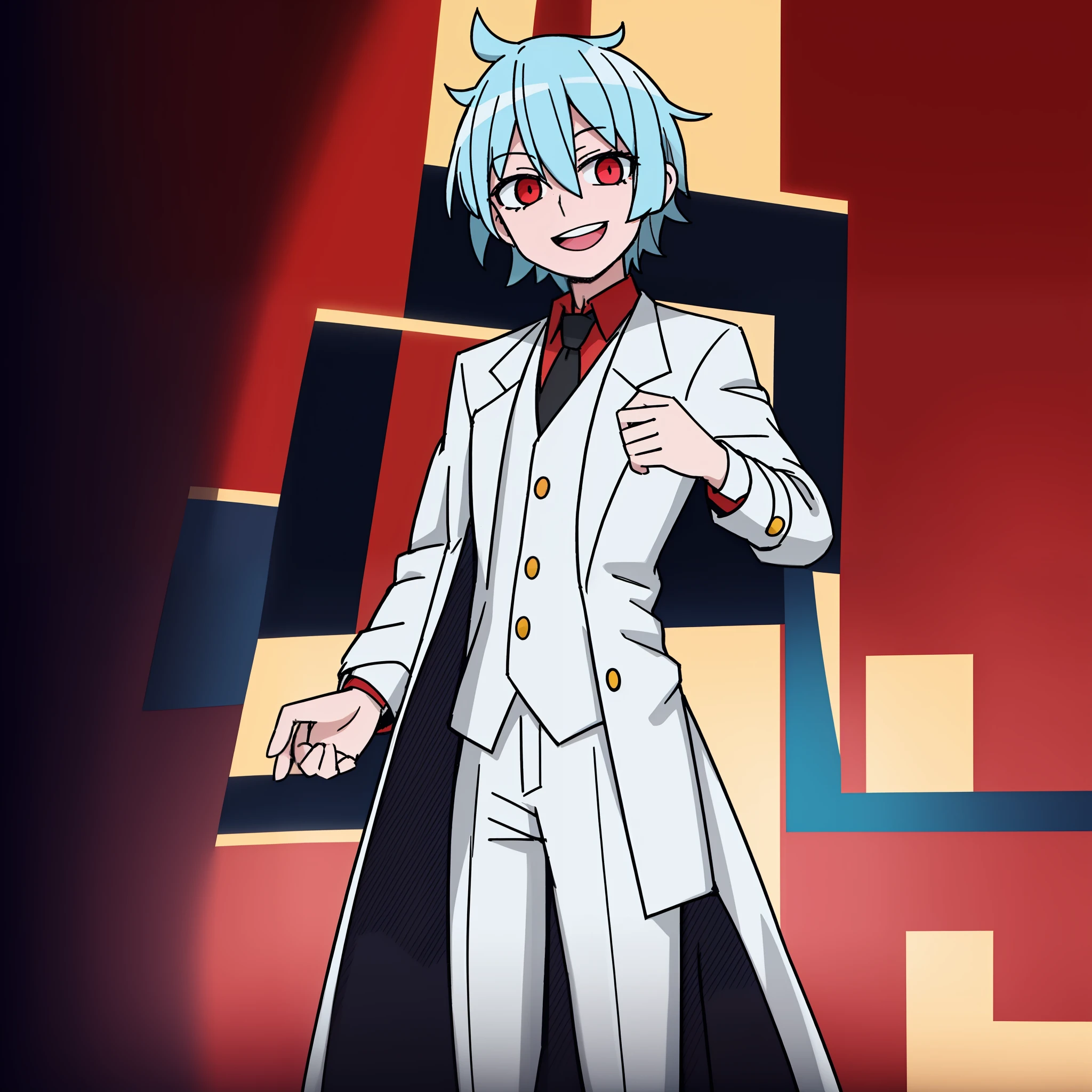 2d, The Masterpiece, best possible quality, Very detailed eyes, very detailled face, cowboy lens, The feet are outside the frame, 1boy, 独奏, standup, Jet Black Background, red background, helltaker, whiteshirt, White pants,White coat、Light blue hair、shorter hair、Red eyes、looks at the viewer、Smile with、Put your hand on your chest、look straight