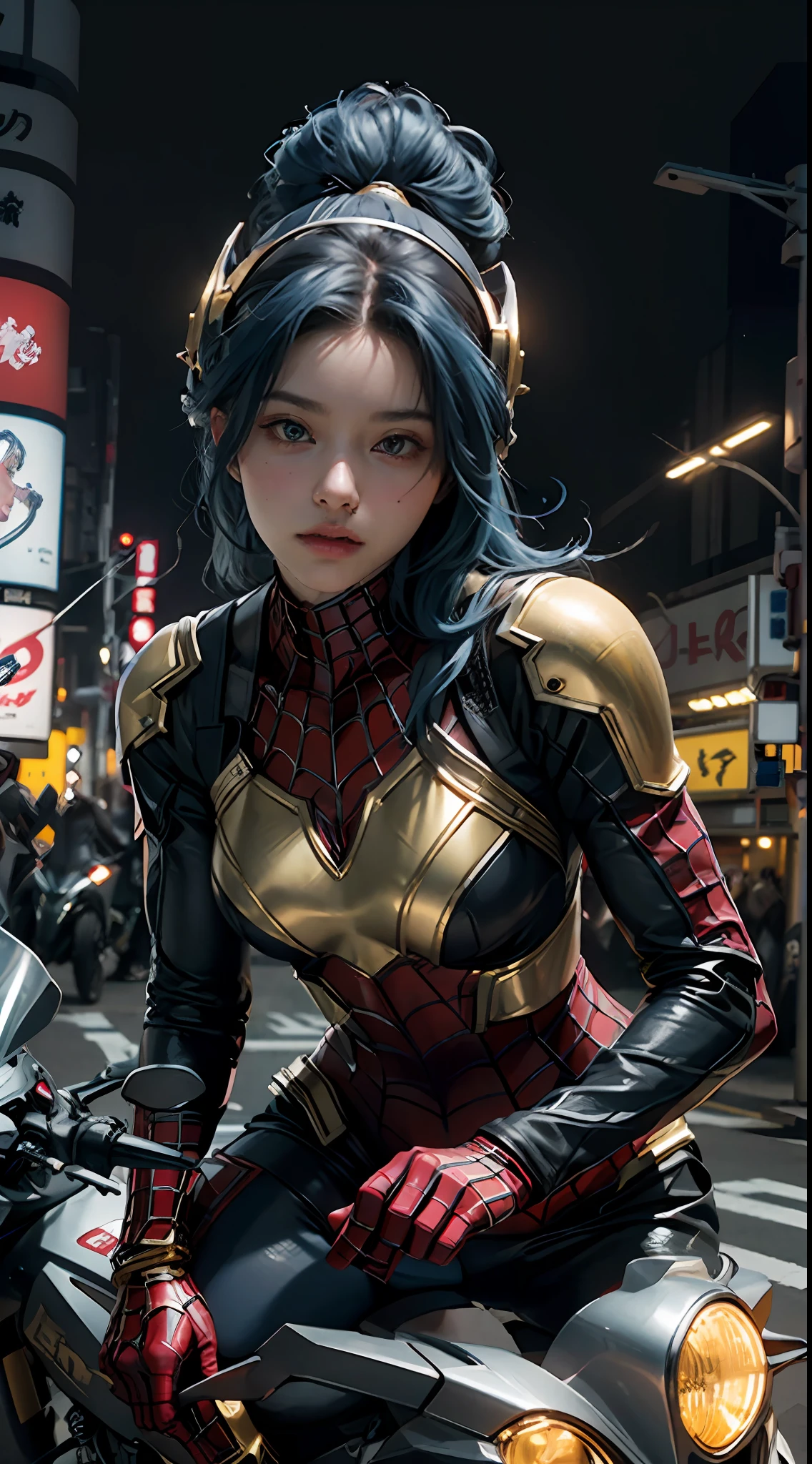 the highest picture quality、Exceptional detail、ultra-highresolution、(realistness:1.4)、the best illustration、Prefer details、Highly condensed 1girl、delicate and beautiful face、Dressed in black, red, yellow and gold mechs、Wearing a mecha helmet、Has a direction controller、Riding a motorcycle、The background is the high-tech lighting scene of the futuristic city of Tokyo。Spider-Man costume、Blue hair color
