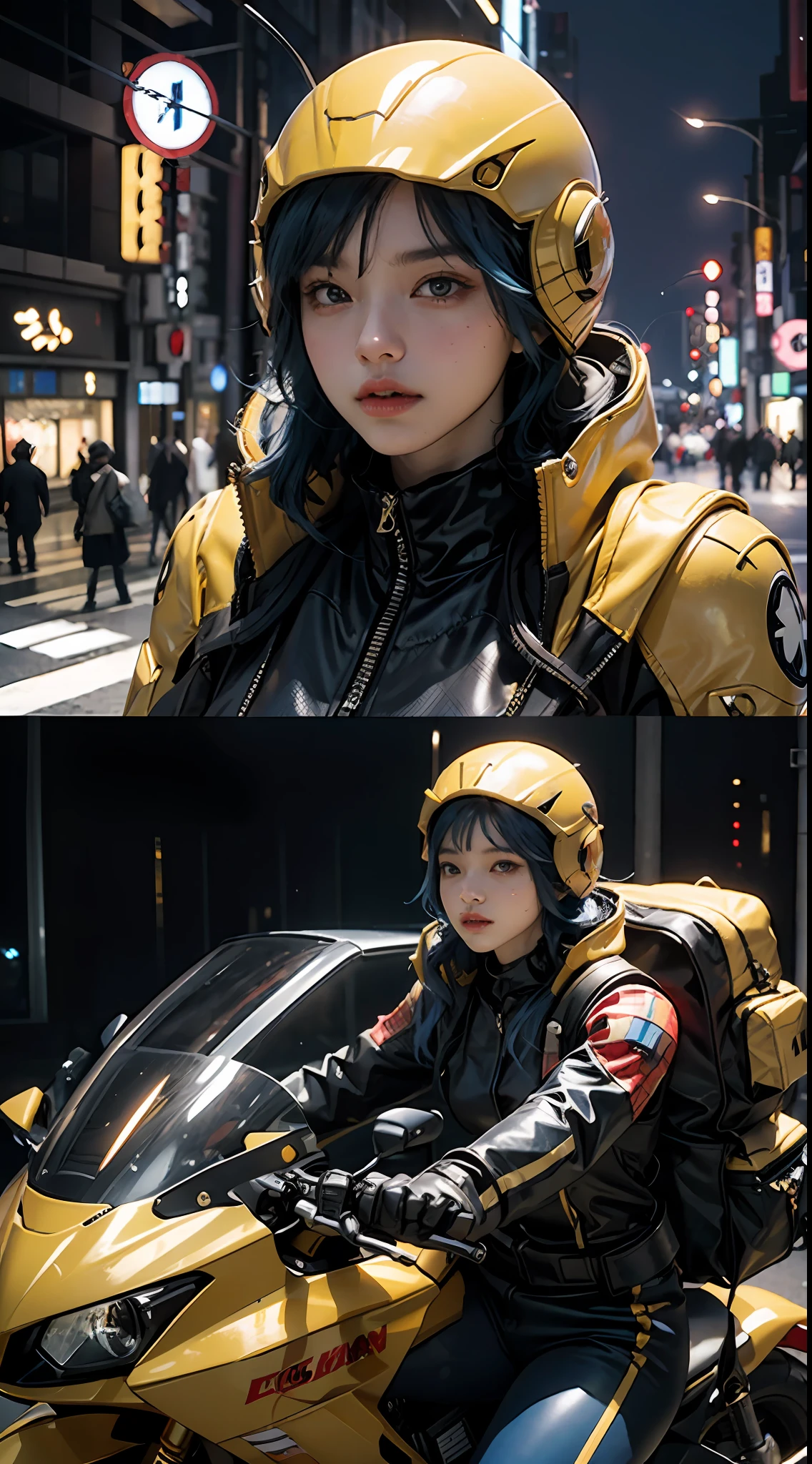 the highest picture quality、Exceptional detail、ultra-highresolution、(realistness:1.4)、the best illustration、Prefer details、Highly condensed 1girl、delicate and beautiful face、Dressed in black, red, yellow and gold mechs、Wearing a mecha helmet、Has a direction controller、Riding a motorcycle、The background is the high-tech lighting scene of the futuristic city of Tokyo。Spider-Man costume、Blue hair color