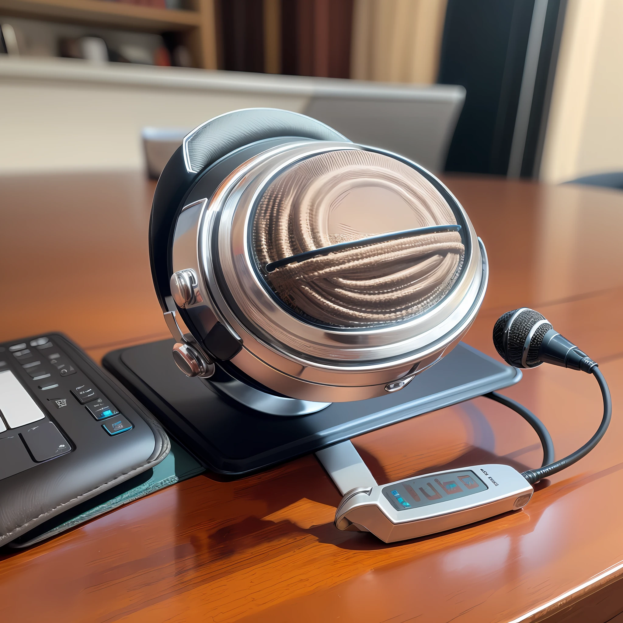There is only one microphone on the table，Do not appear any text symbols or so on the surface of the microphone，A little decoration on the table，Give this microphone a close-up，Overall bright style。