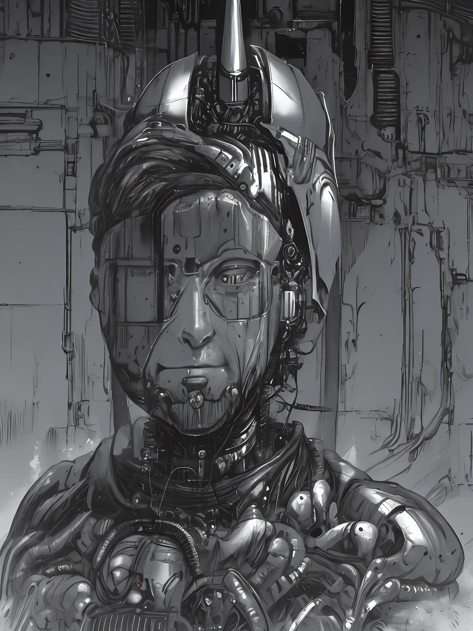 heavy black and white, monsters-creatures, cyborg girl portrait, OrganicBiomArt, ((monochrome)), smirk512, , detailed (wrinkles, blemishes!, folds!, moles, viens, pores!!, skin imperfections:1.1), highly detailed glossy eyes, (looking at the camera), specular lighting, dslr, ultra quality, sharp focus, tack sharp, dof, film grain, centered, Fujifilm XT3, crystal clear