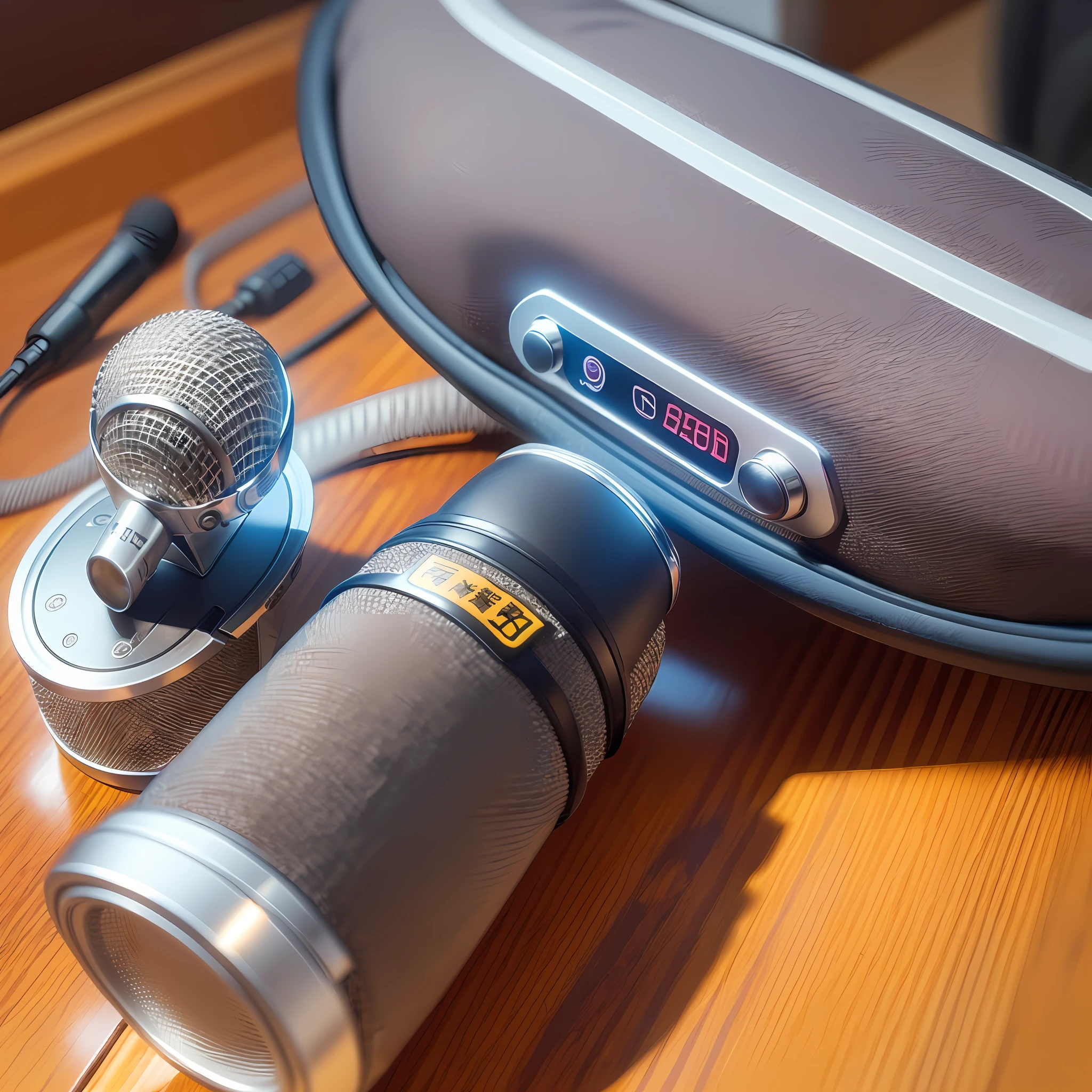 There is only one microphone on the table,Do not appear any text symbols or so on the surface of the microphone,A little decoration on the table,Give this microphone a close-up,Overall bright style。