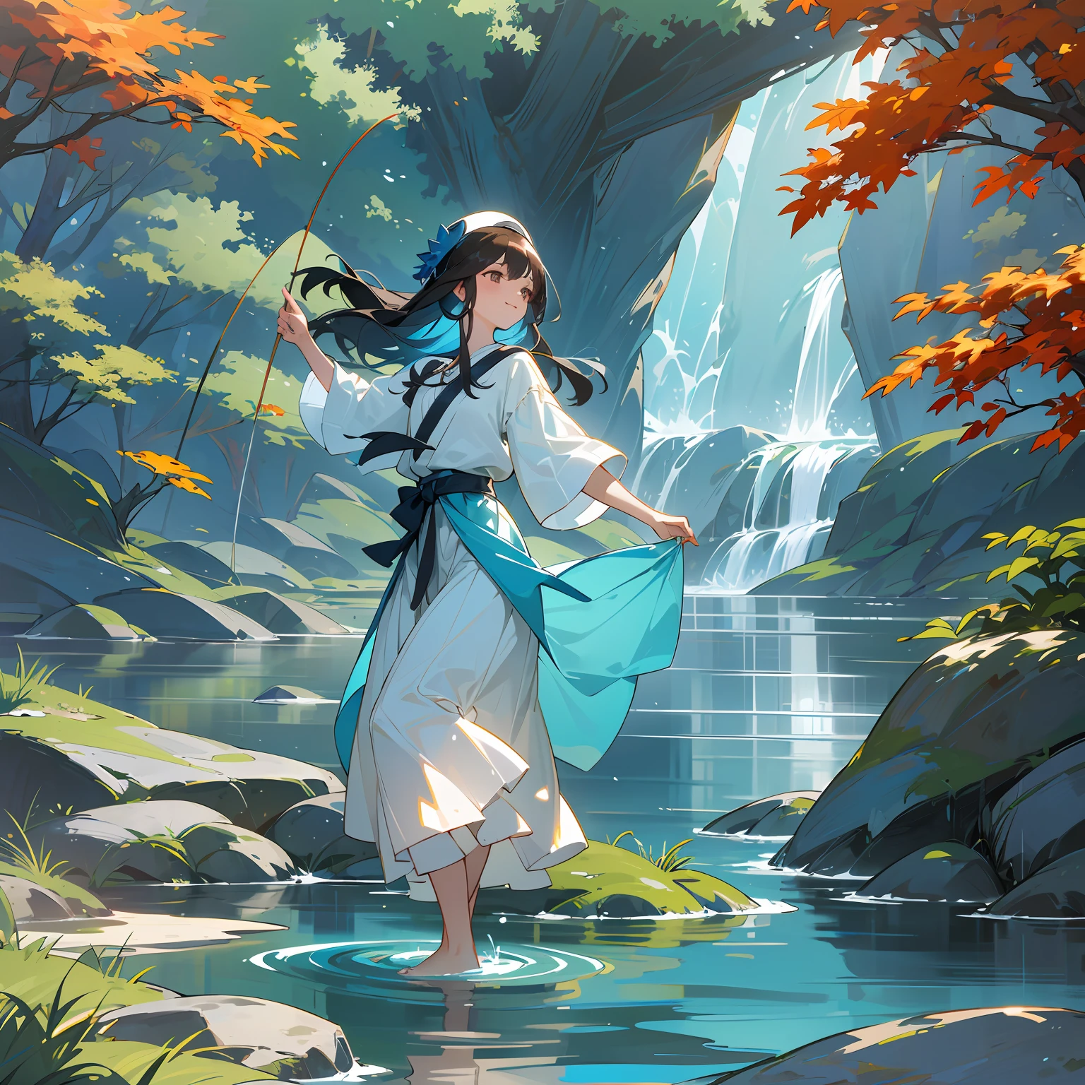 ((Painting style:Chinese painting,Fallen leaves),(Dress conservatively,1girl),(black  long hair,Smile with,Buns in hand，standup),(Feet in the creek,bare foots), moon) --auto