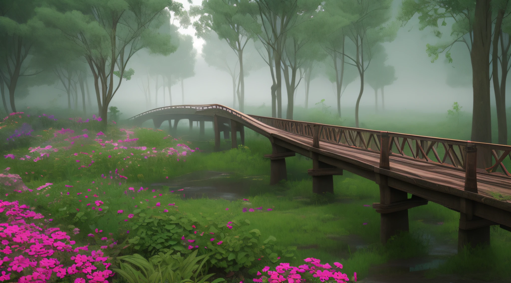 A country full of dream mist, a bridge and an old garden, the forest with pink ipes on the side, the wooden bridge wet after the rain, it looks extra relaxing, Deep field, masterpiece, Best quality, 3D, Realistic, high quality textures undo infinite blur cinematic 60,30,10