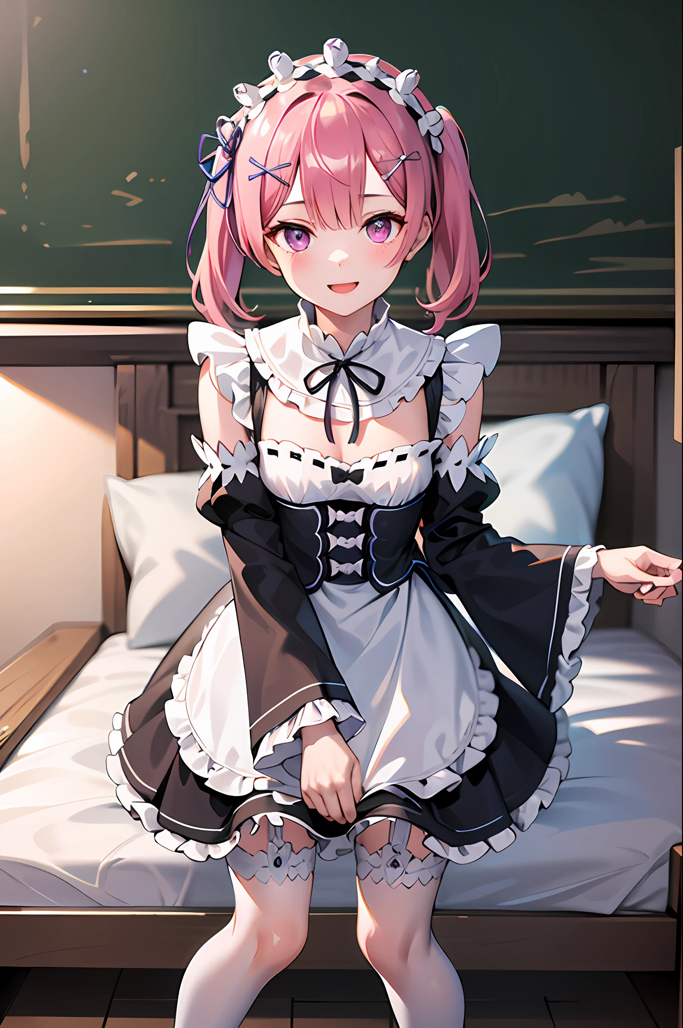 A masterpie, best qualiy, Hi-Res, ram1, 1girls, 独奏, ram \(re:Zero\), (twintails)、Pink hair, white thighshigh, short hairs, Ribbon Trim, Hair ribbon, X Hair Ornament, frill, Maid headdress, waist apron, Garter straps, Black ribbon, , Long sleeve, White Apron, Ribbon around the neck, Purple Ribbon, Wide sleeves, hair flowers, Sorrisos, a bed, Put your hands on your knees, Standing、Put your own hands together、