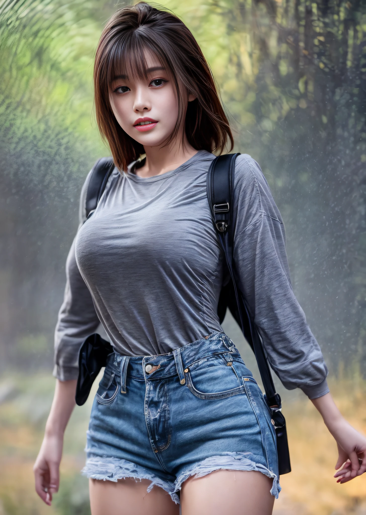 The vast sky, beautiful skyline, large grasslands, extremely tense and dramatic pictures, moving visual effects, high hanging Polaris, colorful natural glare. A girl in a long-sleeved top and denim shorts with a side backpack