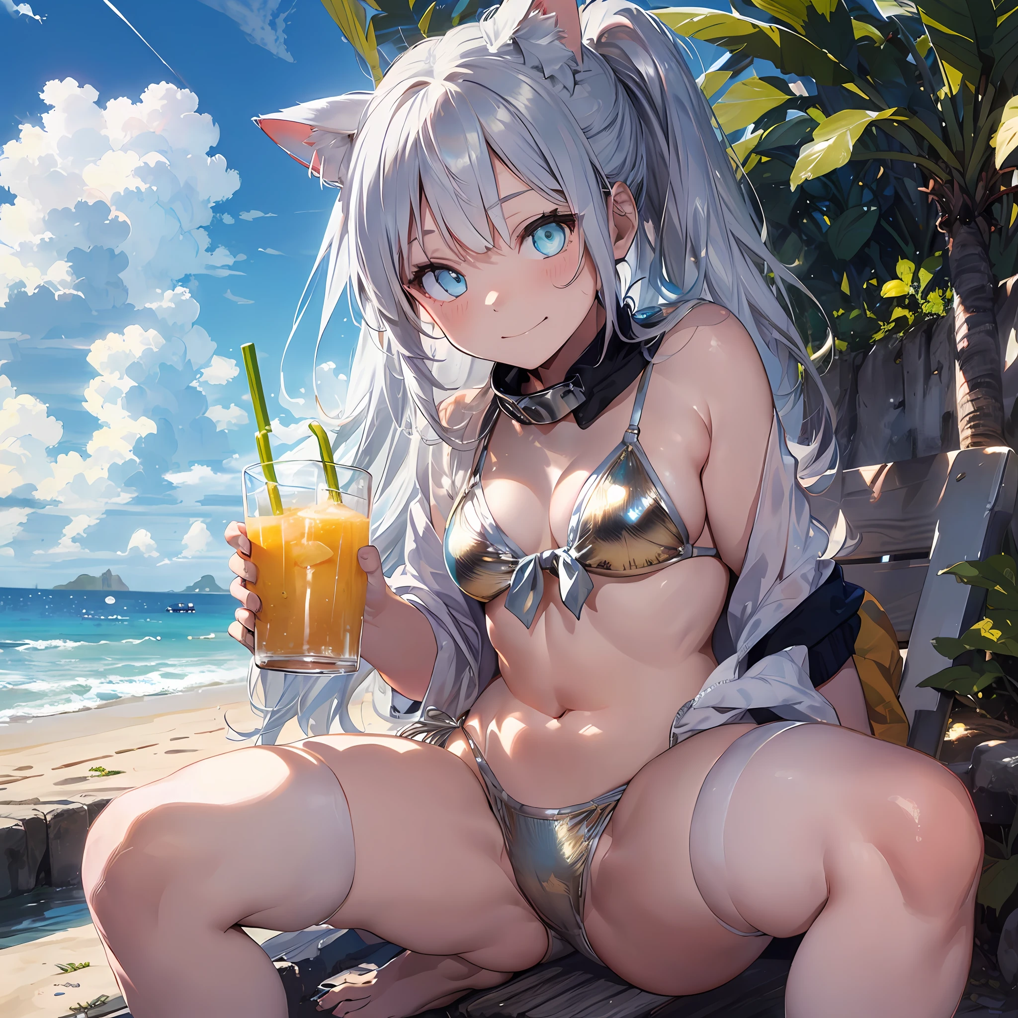 ((Masterpiece)), ((Squat)), (Sit on a white beach chair and drink tropical juice), (((Metallic White Bikini)), Cat-eared girl, Long-haired, Ponytail, (Silver-haired), Sad smile, Aqua Eyes, Small, , Noon, Sunshine, Seaside, Fantastic sky