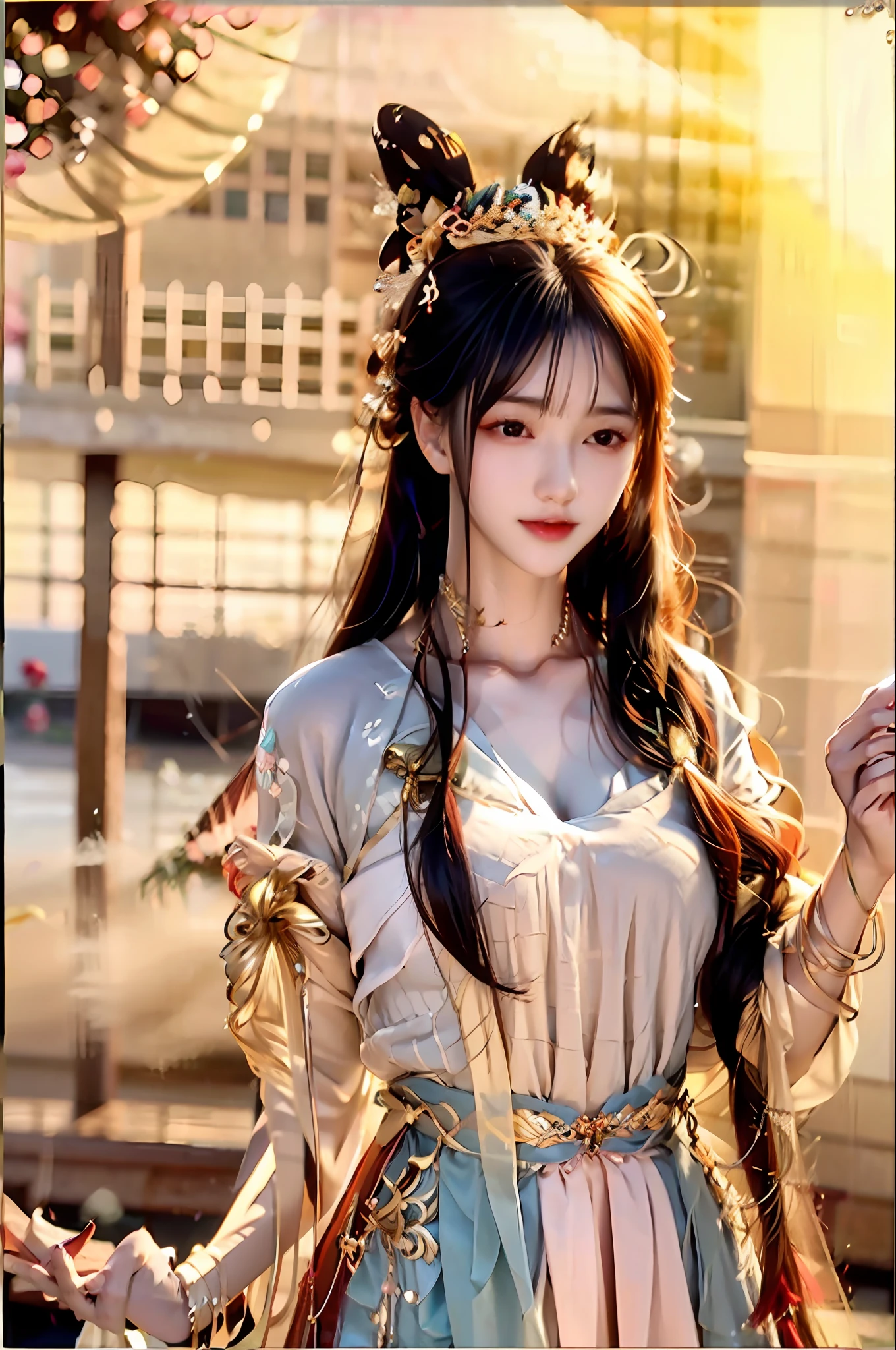 best quality, masterpiece, highres, (exquisite body:1.5),gorgeous face,(milky skin:1.3),intricate details,high resolution,wallpaper,
1girl, solo, dress, hair ornament, (((gold and red dress))), flowers, long hair, brown hair, closed mouth, jewelry, long sleeves, hand up, wide sleeves, big eyes,floating hair, chinese clothes, hanfu, embroidery, long skirt, natural pose, falling petals, indoor,fanning, lantern,
16K,HDR,highres,depth field,(film grain:1.1),boken,golden hour,(lens flare),vignette,rainbowing,(color grading:1.5)