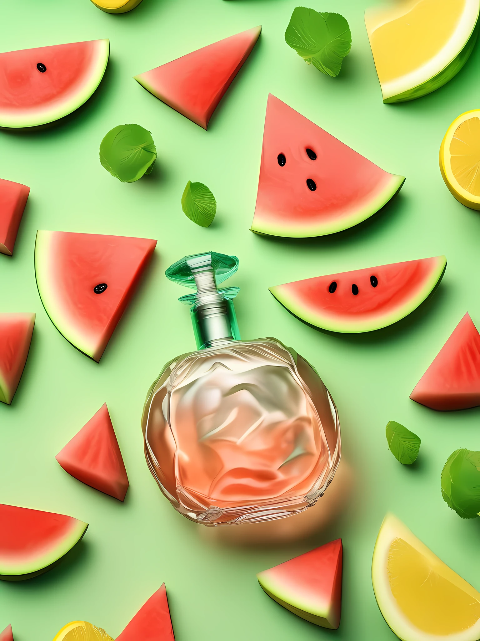 Seamless background image covering lots of [water, watermelon, mint, delicate perfume bottle], seamless background, warm light source, light green style, award - winning wallpaper, ultra hd, yellow accent, ultra hd, vivid colors, natural forms, fantastic tones, realistic photorealistic detail, realistic contour relationships, high resolution, shot with Hasselblad camera, ISO 100, award - winning photos, color grading, high - end retouching, top view, 16k, advertising photography, commercial photography, extreme close - up, perfect composition  50 --style raw --s 2
