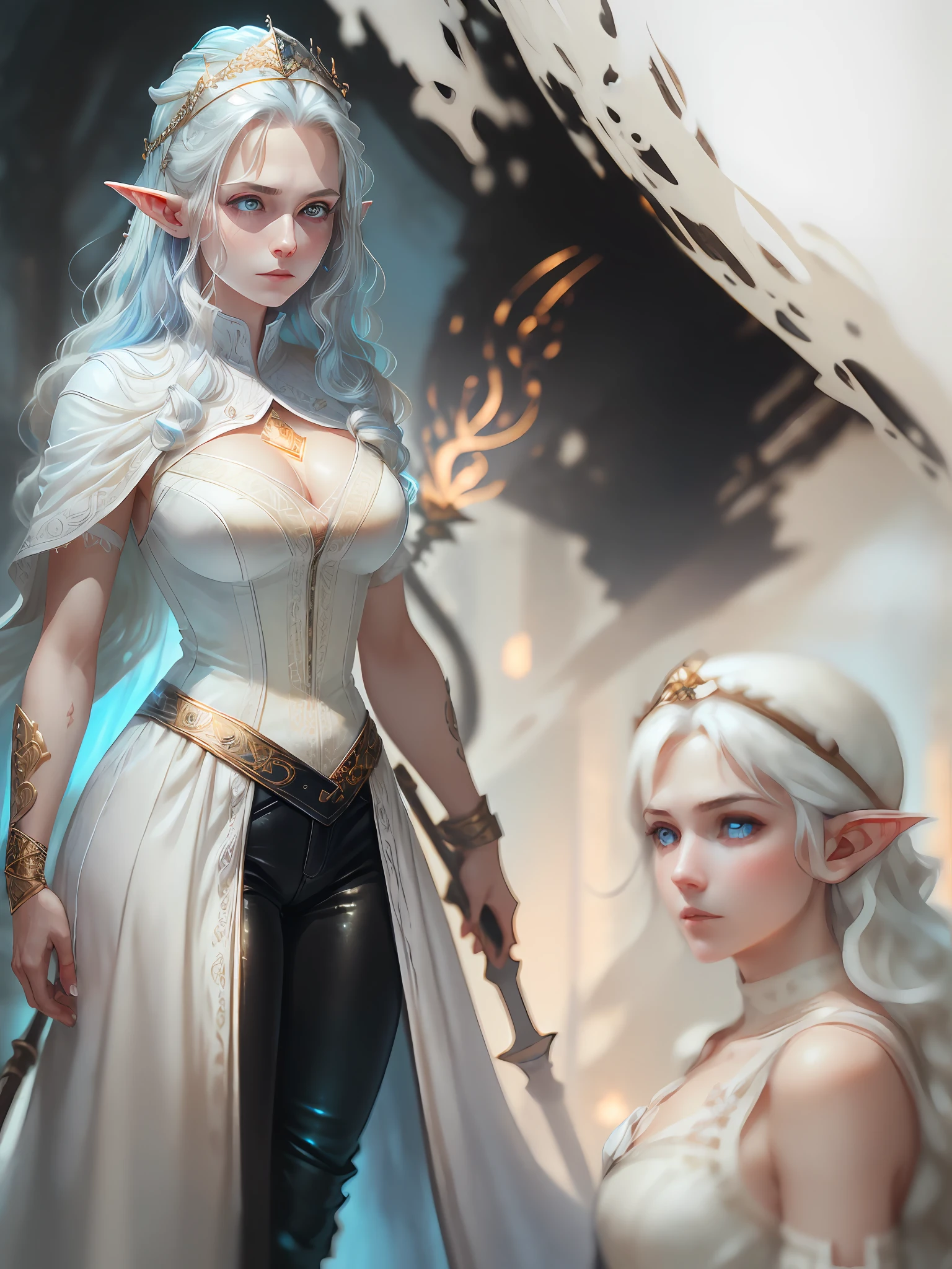 (1woman, solo:1.3), young, fantasy,high quality, high res,intricate details, intricate hair details ,(beautiful detailed eyes:1.3),(beautiful detailed background:1),depth of field,(elf:1.3), (pale skin, white skin color:1.5), (light-blue hair:1.3),fine detailed hair, (white dress, long dress, viking dress with leg slits:1.5), (detailed blue and red broidery : 1.4),(black leather pants :1.4), (tigh-high boots :1.5), vibrant blue eyes, (emotionless,tired:1.2), (holding magic staff, standing: 1.2),,(fragile, visible veins, sickly, thin:1.3),(golden fantasy mage tiara:1.2), full color,dynamic, looking at viewer, ultra-detailed, baroque oil painting. sharp focus,(8k), (4k), fantasy, extremely detailed, intricate, hyper detailed, illustration,soft lighting, (specular lighting:1.2), (shiny:1.2), (Oil highlights:1.2),(widow peak:1.3),village background, detailed background