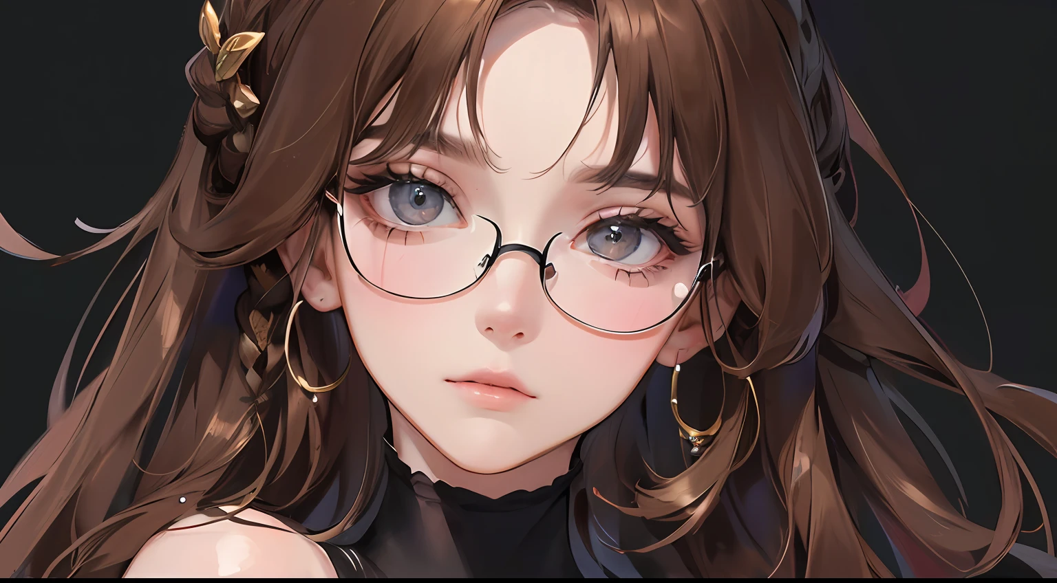 (Top resolution、Distinct_image) the best qualityt、(((a 1 woman)))、A masterpie、extremely detaild、Black background、eyewear、Semi-realistic、Brown hair、Braided hairstyle、emotionless、Bangs、21 years old、mature、jung、Black high neck、out door、Delicate facial features、Facial features、Midshot、