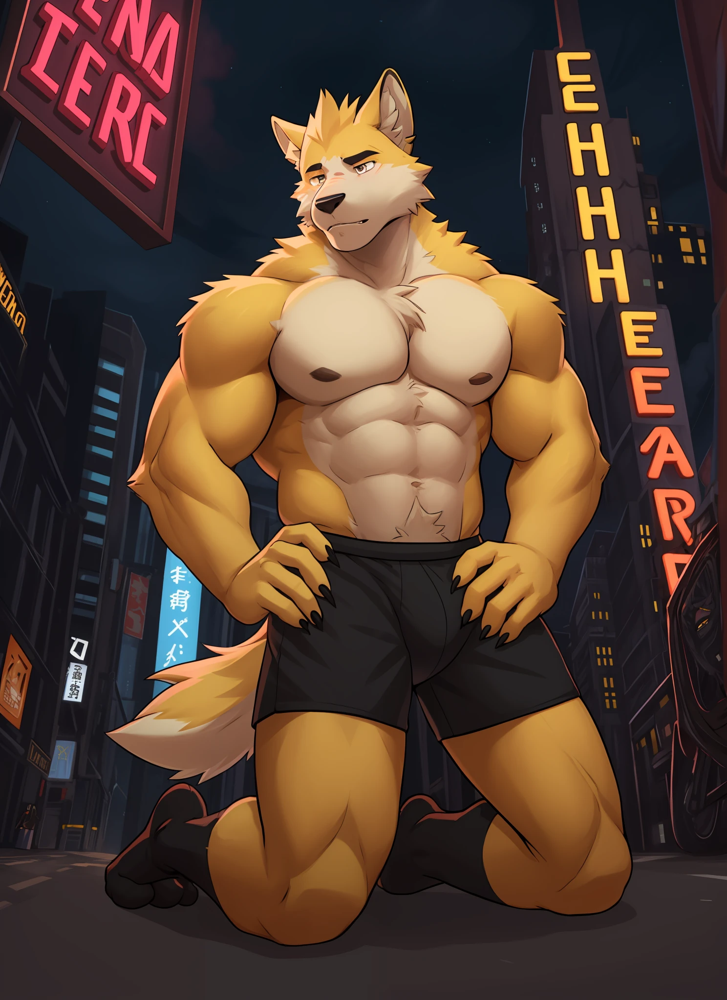 cooper krager， 独奏，1boys， Male focus， very muscular， chest muscle， mucular male， Briefs， Sharp nails， nightcity， Neon Sign， Longhaire， Yellow fur，full entire body，semi-nude ，thick legs，Black socks，Kneel on both legs，Lewd expression，kneels on the ground，Shirtless，Kneel on both knees，独奏，Single person，Black socks，Briefs，Only one person！