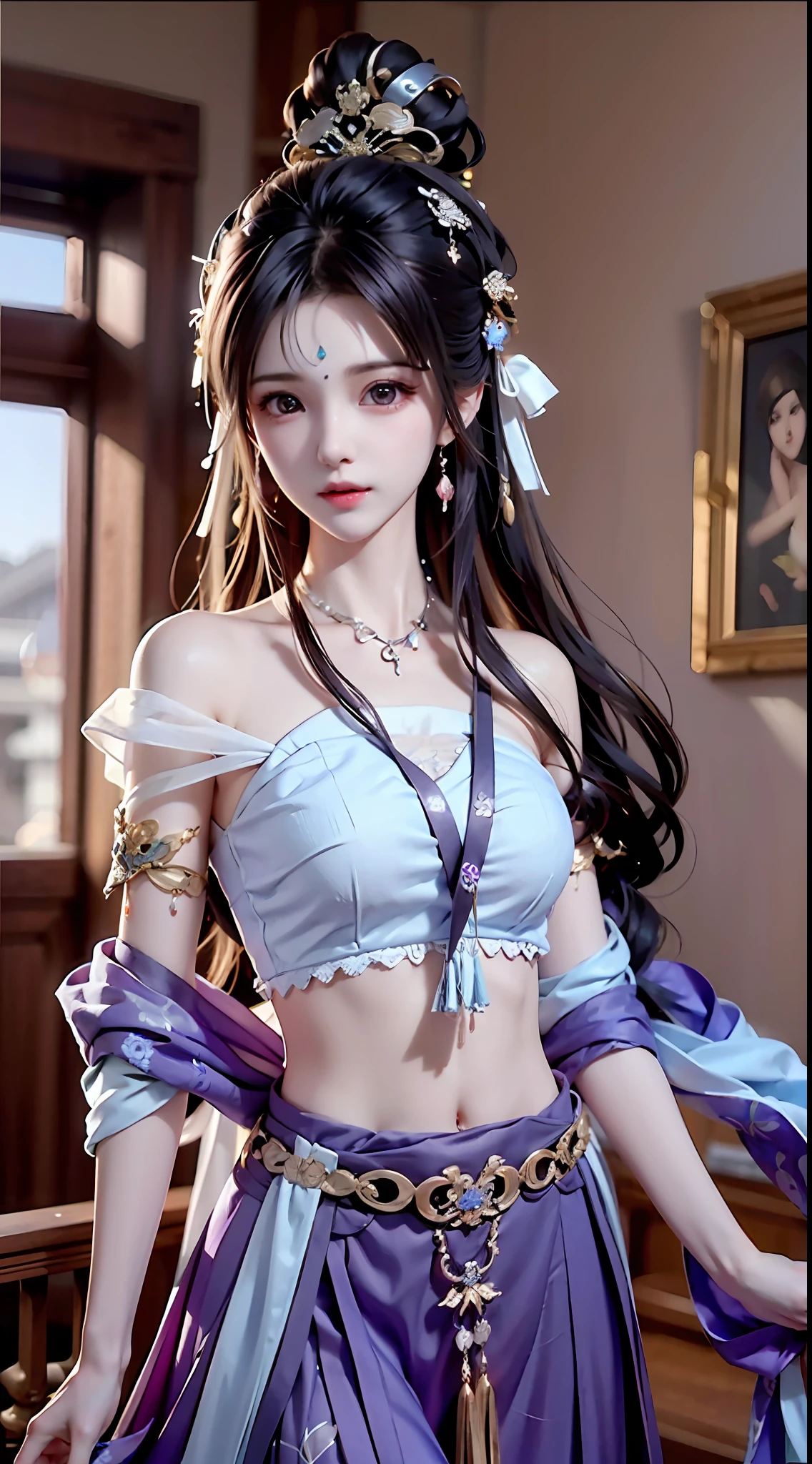 Bust photo, a beautiful woman, messy hair, girly, symmetrical bun, hair accessories, jewelry, delicate face, eye shadow, purple top, purple, purple, crop navel, purple long skirt, Dunhuang style, delicate embroidery, silver decoration, silver streamer, white streamer, light blue streamer, delicate skin, soft light effect, delicate and smooth hair, delicate details, eye highlights, fair skin, fine portrayal, extreme details, cinematic quality, thin, slender, broken, hair details, thin bangs, shawl hair, right body, shadow, air bangs, 8K, super fine, fine fabric texture, soft, smooth, smooth texture, Dunhuang style, delicate pattern, correct hand painting, anatomy correct, accurate, night, dark night, lighting, Tyndall effect, ray tracing, HUD,