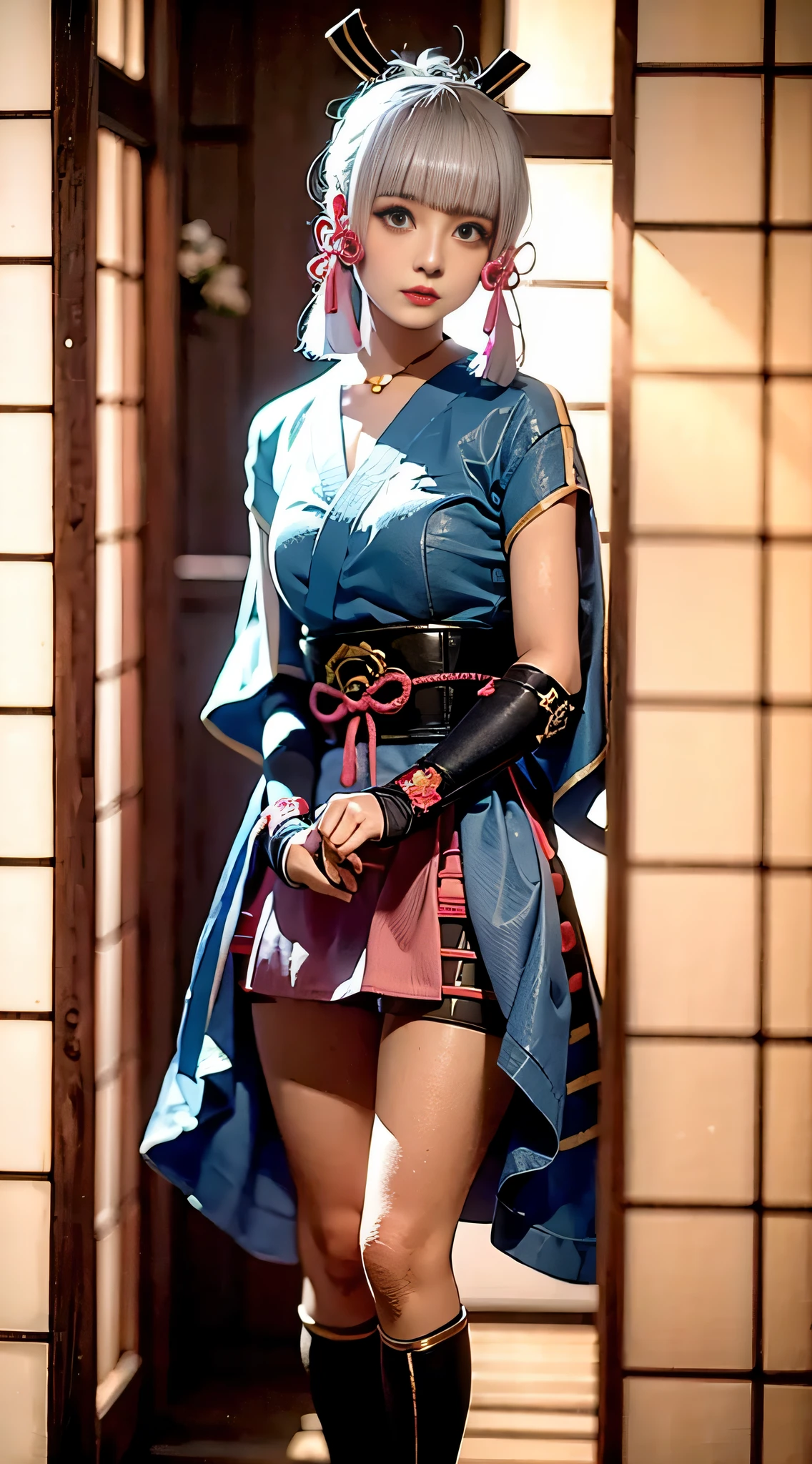 Blue kimono woman,sitting,( face:1.1),Antique realistic photo,cosplay,,(Peach blossom eyes:1.1),kamisato ayaka,(Realistic:1.1),Ayaka,kamisato ayaka