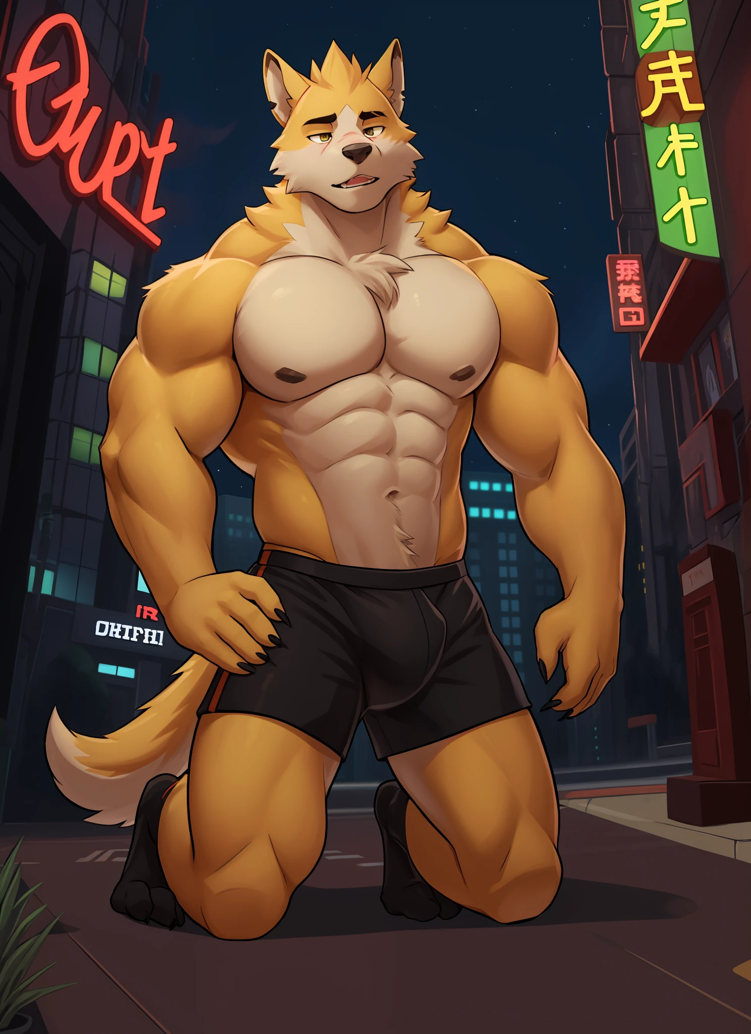 cooper krager， 独奏，1boys， Male focus， very muscular， chest muscle， mucular male， Briefs， Sharp nails， nightcity， Neon Sign， Longhaire， Yellow fur，full entire body，semi-nude ，thick legs，Black socks，Kneel on both legs，Lewd expression，kneels on the ground，Shirtless，Kneel on both knees，独奏，Single person，Black socks，Briefs，Only one person！