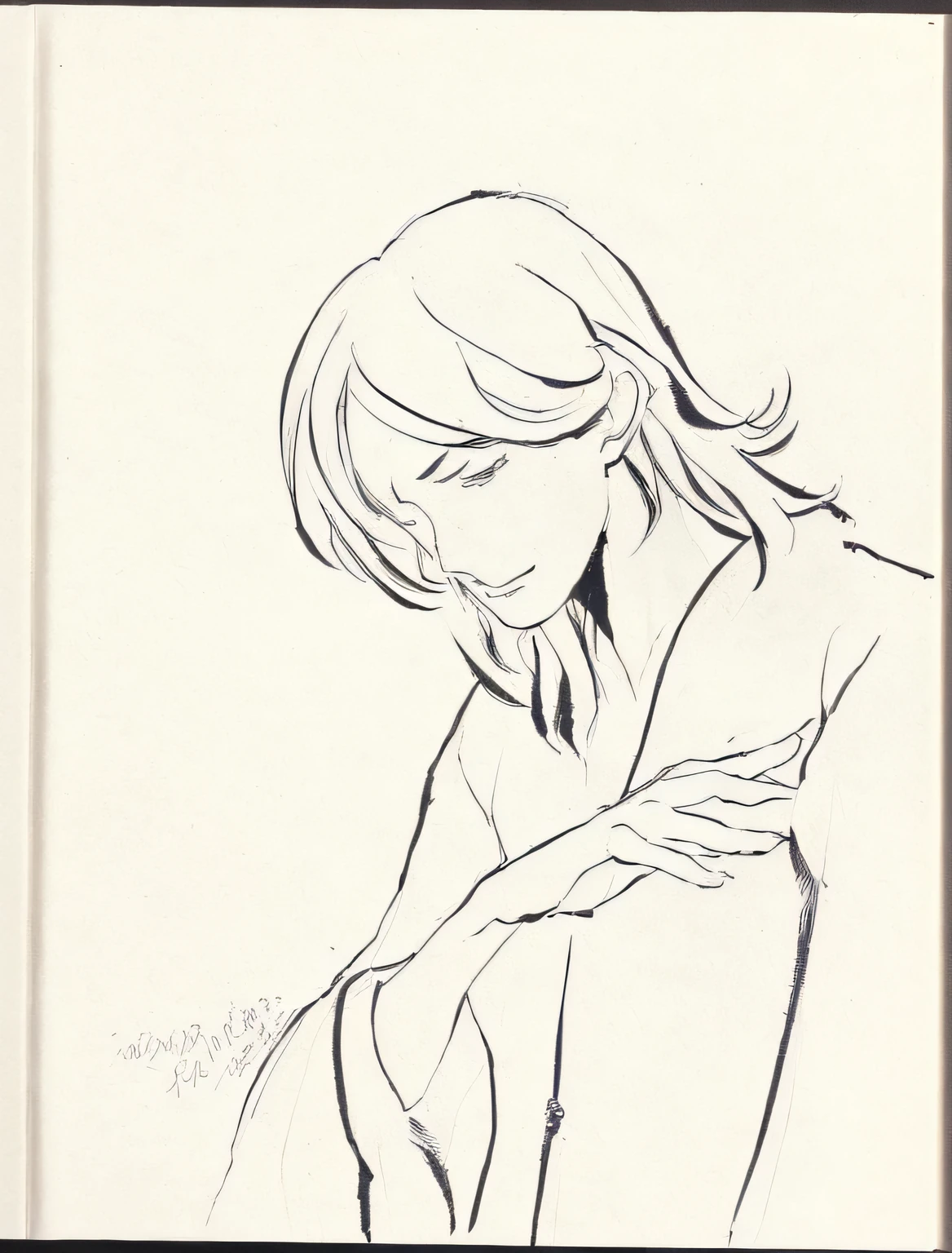 Draw a man with his hands on his chest, ink manga drawing, Line sketch, extremely fine ink lineart, black ink rough sketch, inspired by Dustin Nguyen, pencile and ink, clean ink detailed line drawing, Ink sketch, thoughtful pose, ink pen sketch, Pen sketch, (Ink marks)