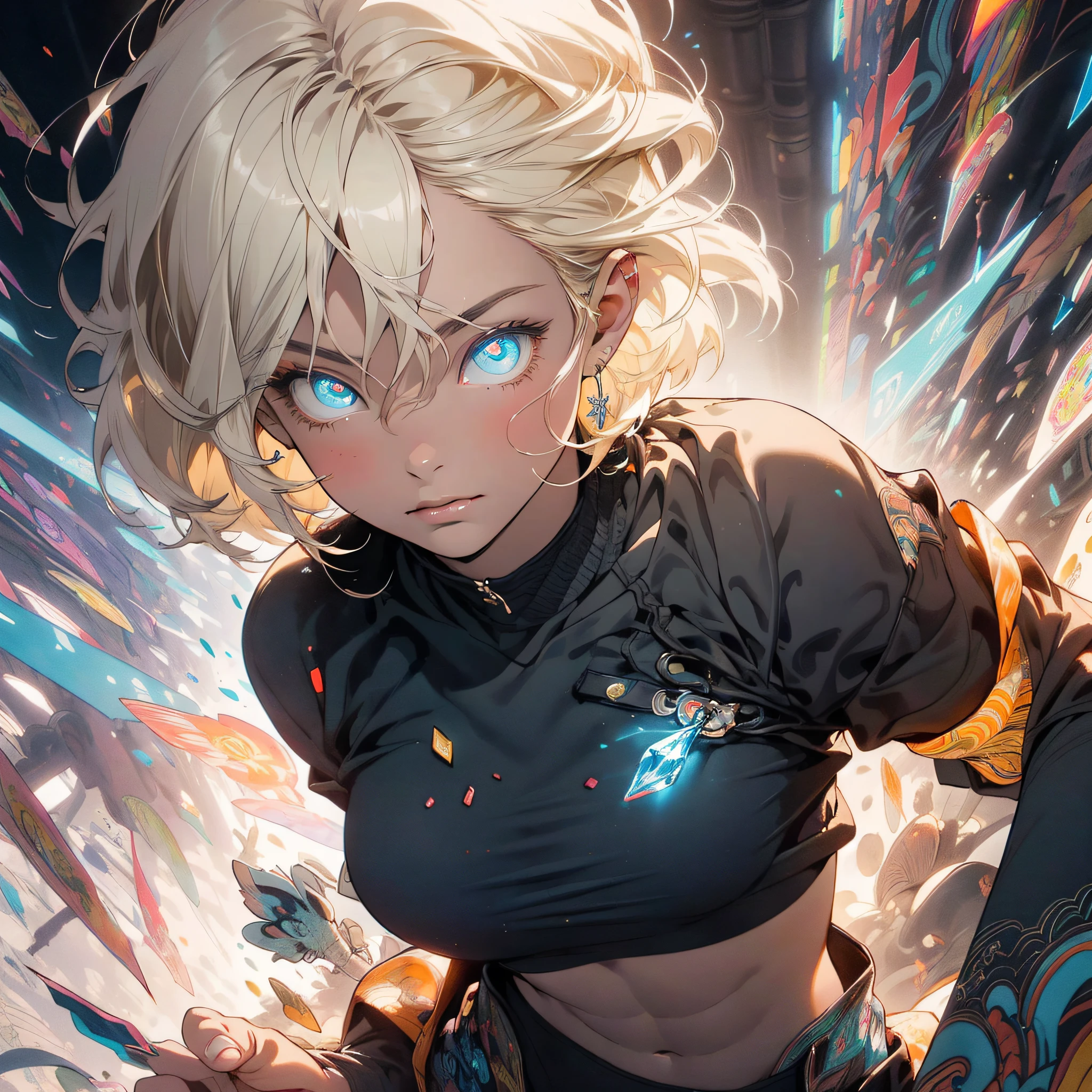 Realistic, (Masterpiece, Top Quality, Best Quality, Official Art, Beauty and Aesthetics: 1.2), Very Detailed, Fractal Art, Colorful, Most Detailed, Zentangle, (Abstract Background: 1.5) (1girl), God, Blonde Hair, Short Hair, (Glowing Blue Eyes), Pectals, Abs, Mysterious, (Magic), Crystal