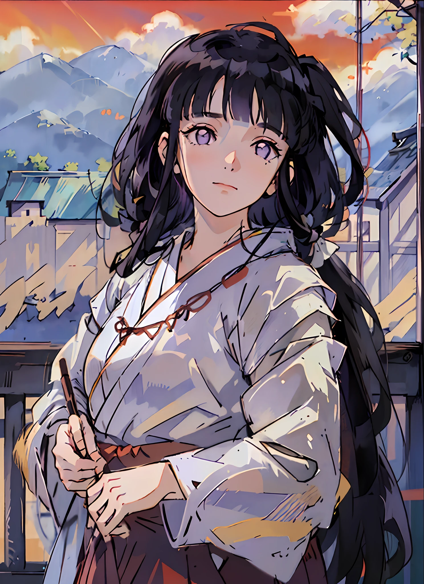 masterpiece, (((purple eyes))), ((red and white kimono)), cowboy shot, ((full body)), perfect eyes, perfect face, perfect lighting, indoors, colored sky, slight smile, blunt bangs, dark blue hair, hinata as kikyo