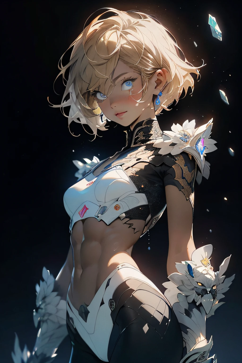 Realistic, (Masterpiece, Top Quality, Best Quality, Official Art, Beauty and Aesthetics: 1.2), Very Detailed, Fractal Art, Colorful, Most Detailed, Zentangle, (Abstract Background: 1.5) (1girl), God, Blonde Hair, Short Hair, (Glowing Blue Eyes), Pectals, Abs, Mysterious, (Magic), Crystal