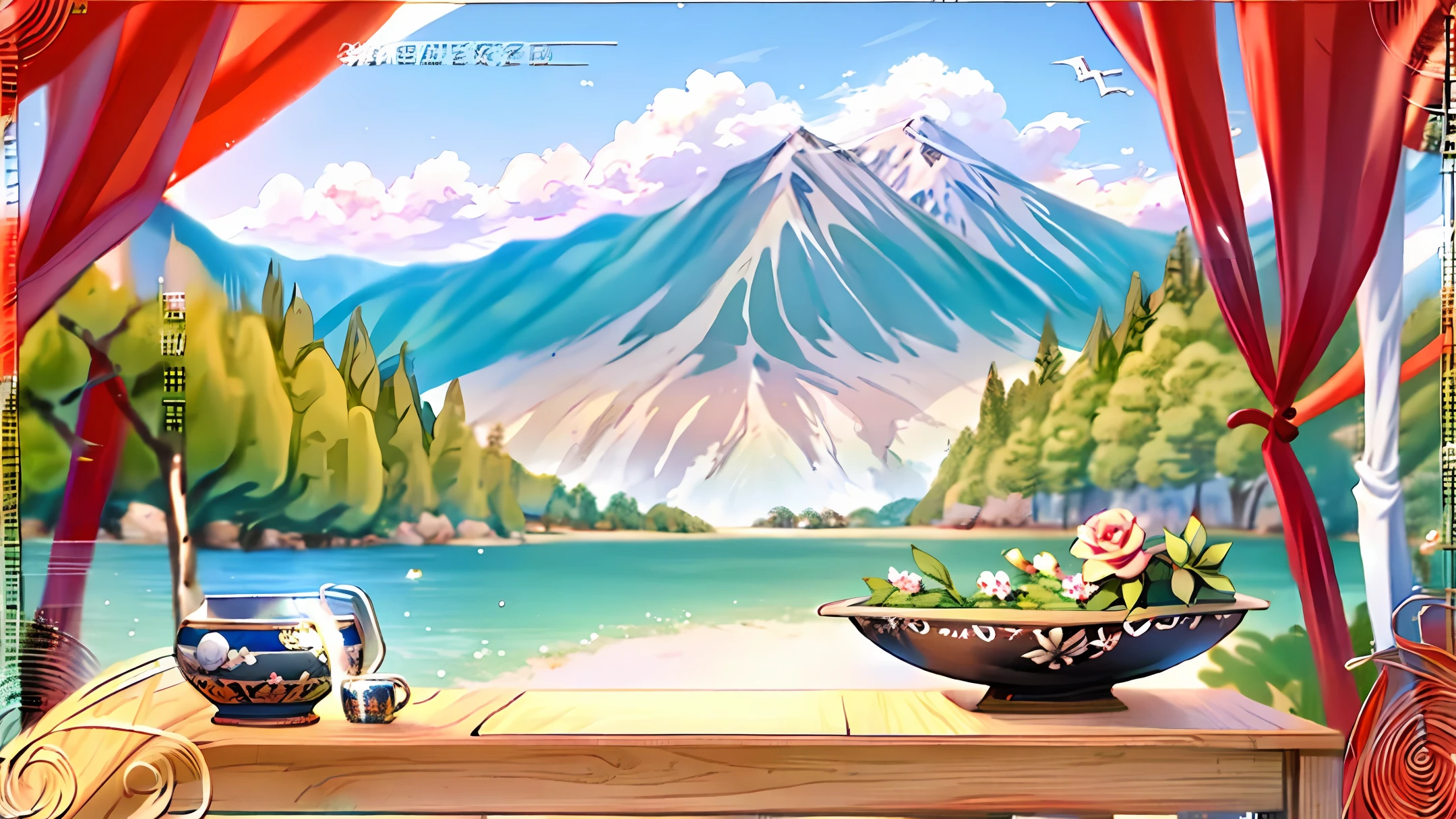 Bowl, vase, rose, mountain, lake