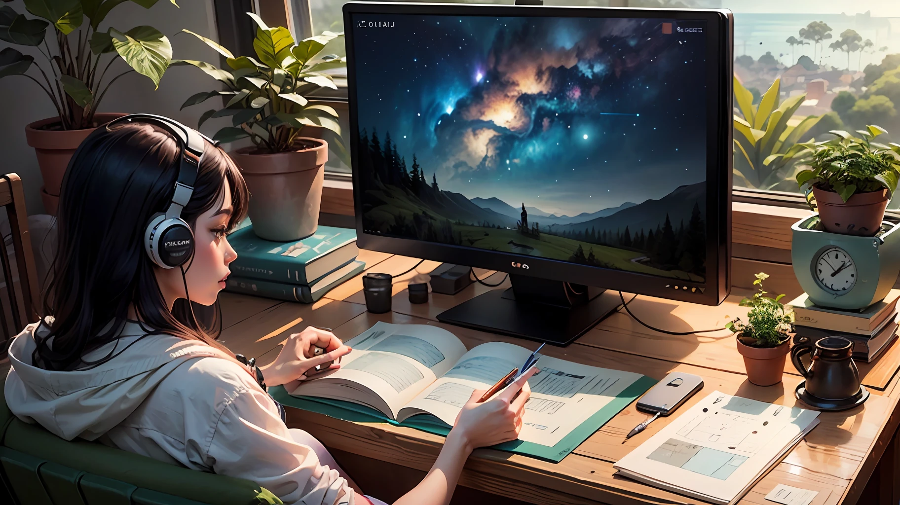 Draw an illustration of a person listening to cartoon-style music on a computer Add elements of nature, como plantas e flores, e use uma paleta de cores suave para criar uma atmosfera relaxante.
