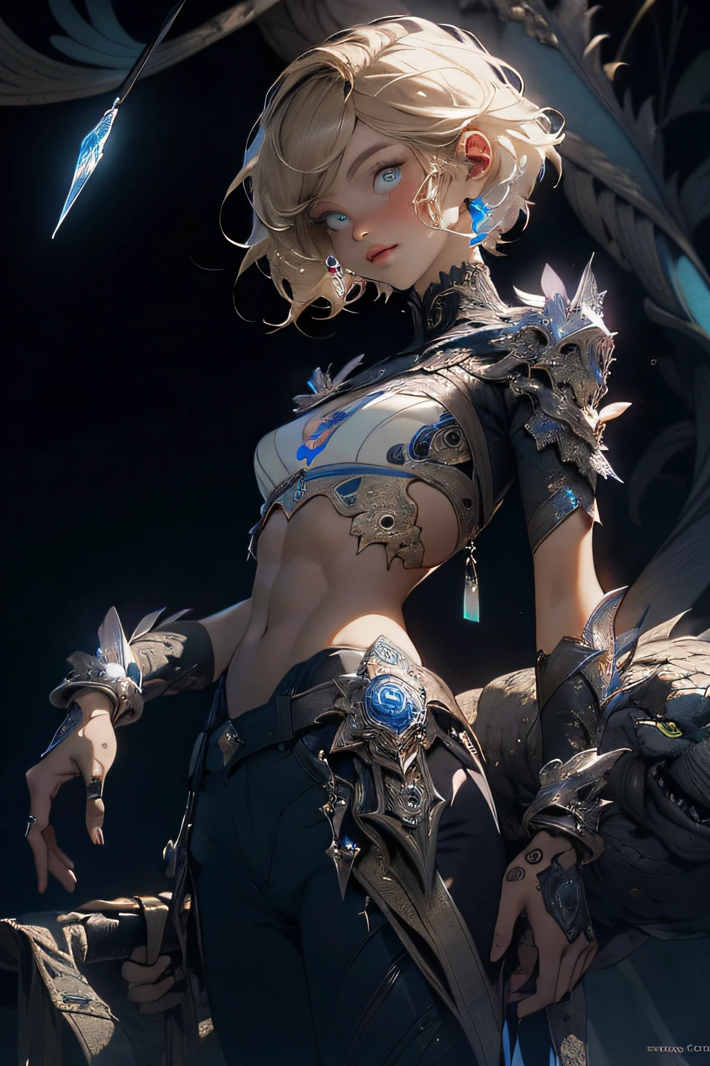 Realistic, (Masterpiece, Top Quality, Best Quality, Official Art, Beauty and Aesthetics: 1.2), Very Detailed, Fractal Art, Colorful, Most Detailed, Zentangle, (Abstract Background: 1.5) (1girl), God, Blonde Hair, Short Hair, (Glowing Blue Eyes), Pectals, Abs, Mysterious, (Magic), Crystal