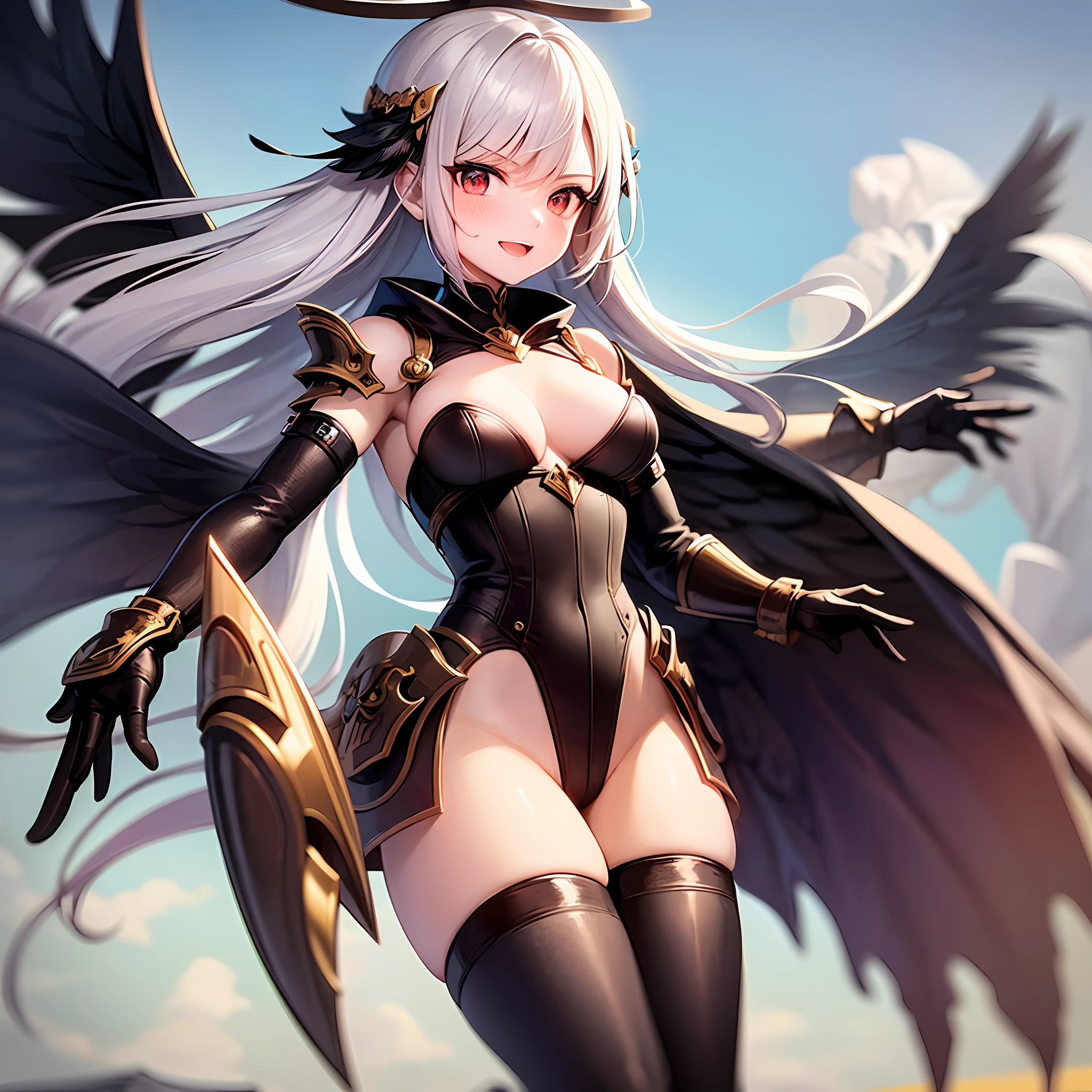 fantasy, 1angel_girl, loli,dk_color_hair, medium_bob_hair, long_bangs, halo,bare_shoulder,thighhighs,silver_armor, waist_armor, large_breasts,angry,smile,open_mouth1pair_wings, dynamic_ pose_fighting,floating, bare_crotch, covered_nipples, covered_pussy,headgear,gauntlet, greaves, pelvic_curtain, city_sky_background,slightly_spread_legs, solo, groin_naked,(masterpiece, best quality, best quality, official art, beautiful and aesthetic:1.2), (1 girl), very detailed,