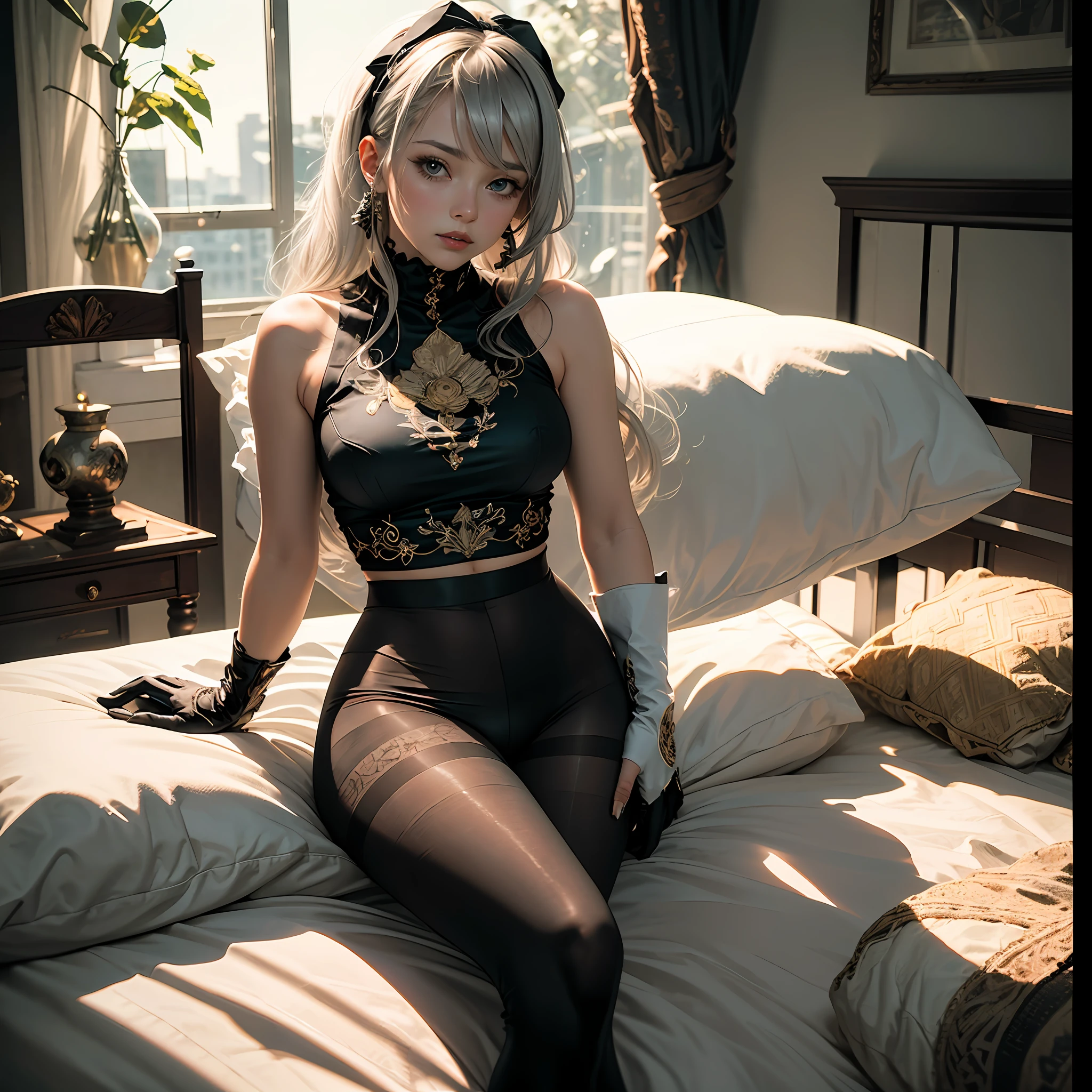 (((1 girl)),ray tracing,(dim lighting),[detailed background (bedroom)),((silver hair)),((silver hair)),(Fluffy silver hair, plump slender girl)) with high ponytail)))) Avoid blonde eyes in the ominous bedroom ((((Girl wears intricately embroidered black high-waisted pants with pantyhose) and white ruffled bow gloves), showing a delicate slim figure and graceful curves, correct limbs, sitting on the bed --auto