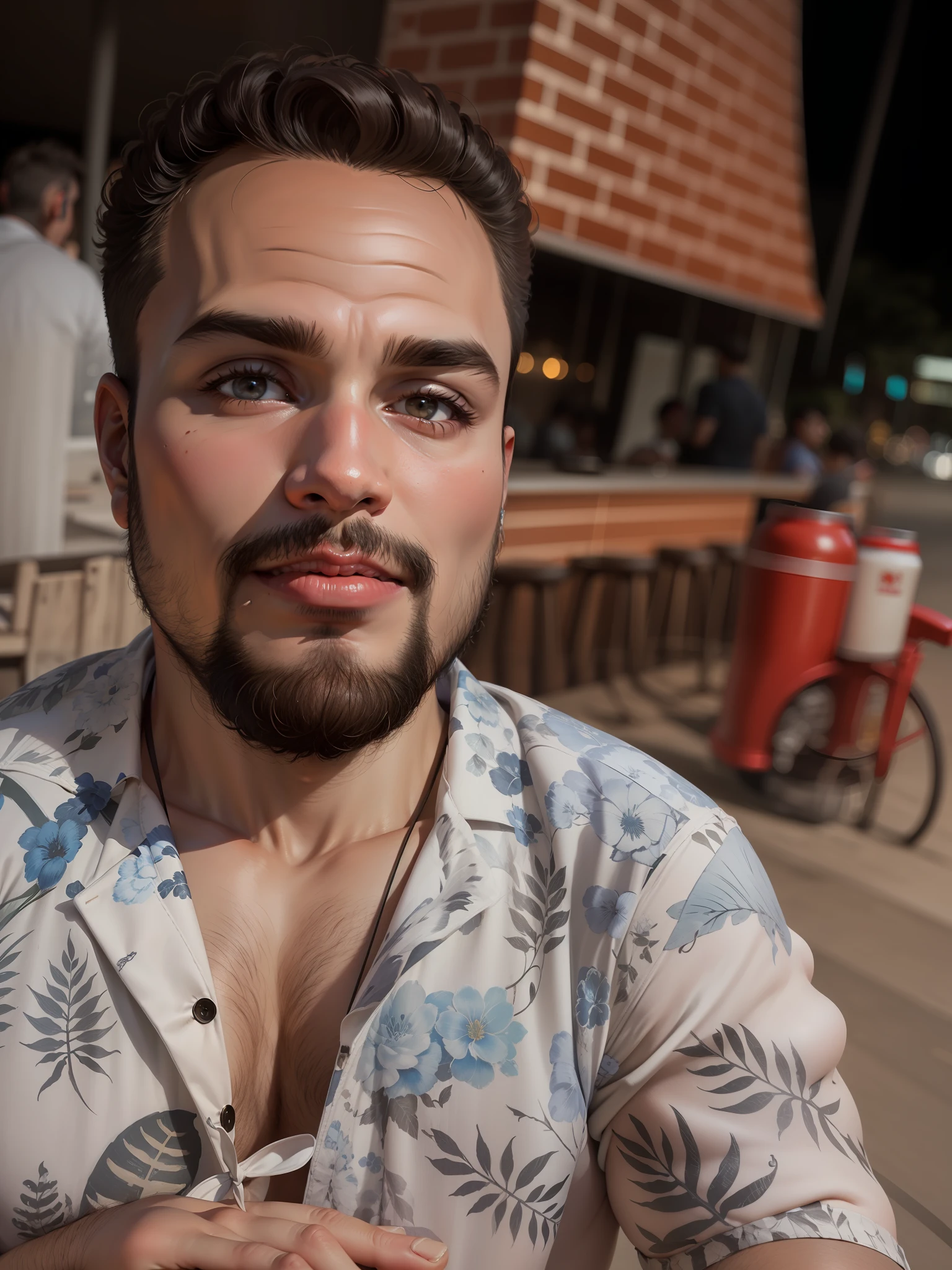 Selfe 4k noturno e ao fundo churrasqueira e cadeira vermelha obra de arte