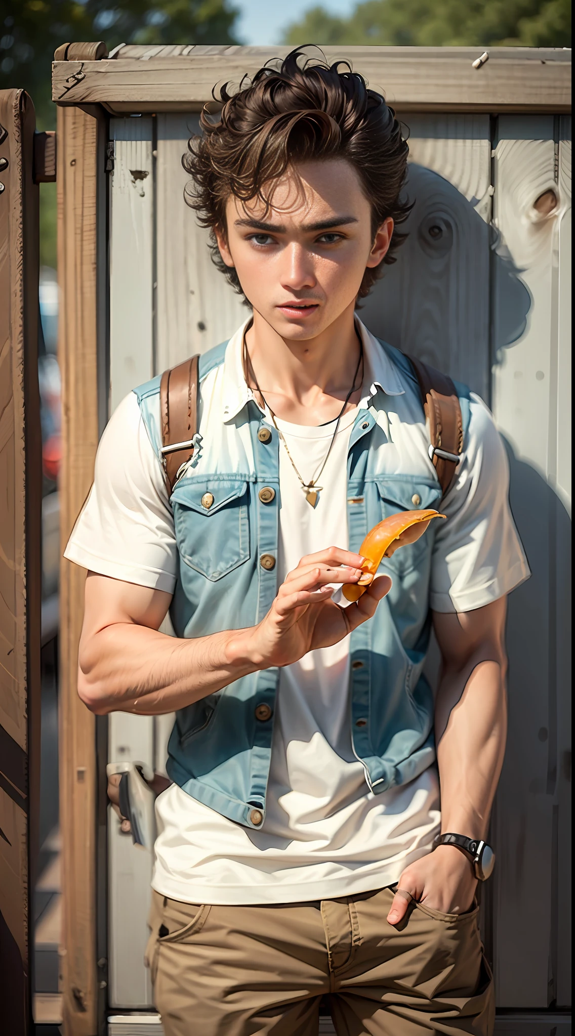 19 year old Australian guy, holding a slug in his hand, looking at the slug, disgusted, short curly hair, hair like Justin Timberlake from 2010, brown hair, light tan, light skin color, clean shaven, casual clothes