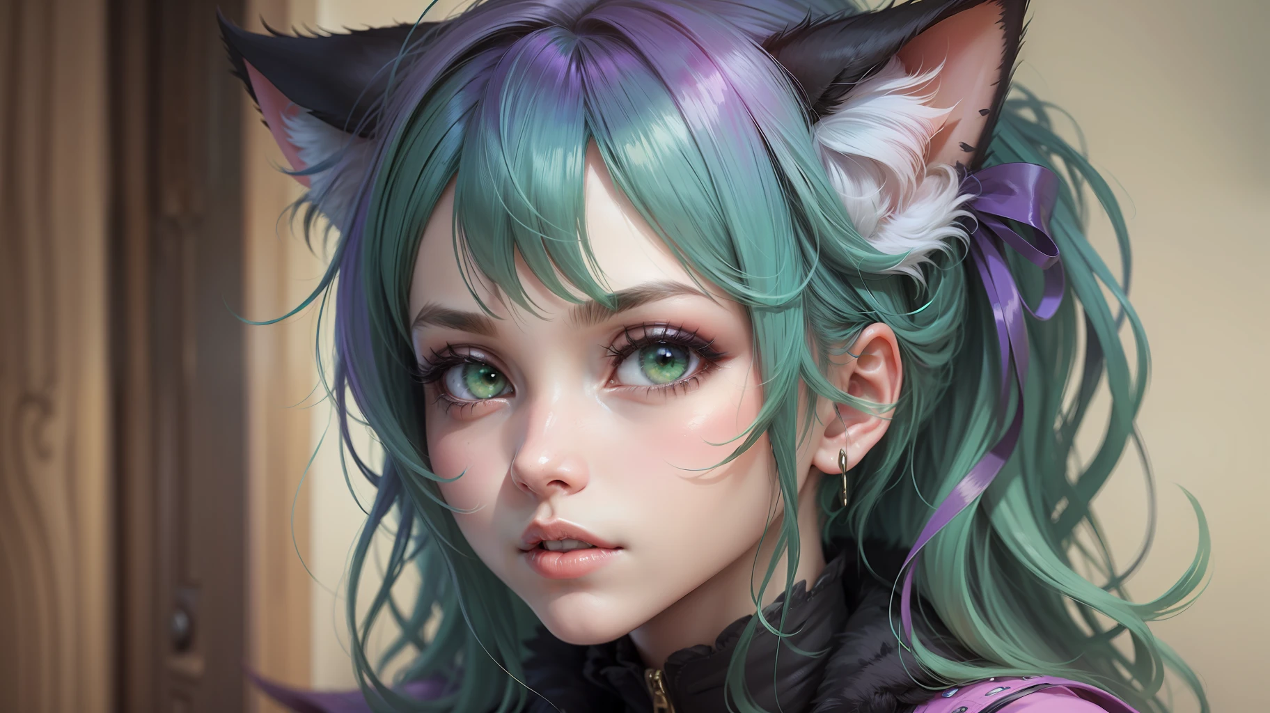 gal girl，Purple eye，Green hair，Cat ears