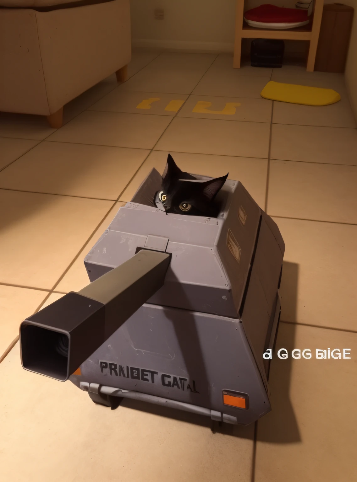 there is a cat that is sitting in a box on the floor, gato blindado, Tanque com pernas, pronto para o combate, totalmente blindado, blindado!, tank has a large solid cannon, fortemente blindado, fortemente blindado, gato ciborgue, blindado, fully robotic!! Gato, um gato ciborgue, em pubg, gato ninja, funny cat, Pronto para a batalha, awesome cat, furtivo