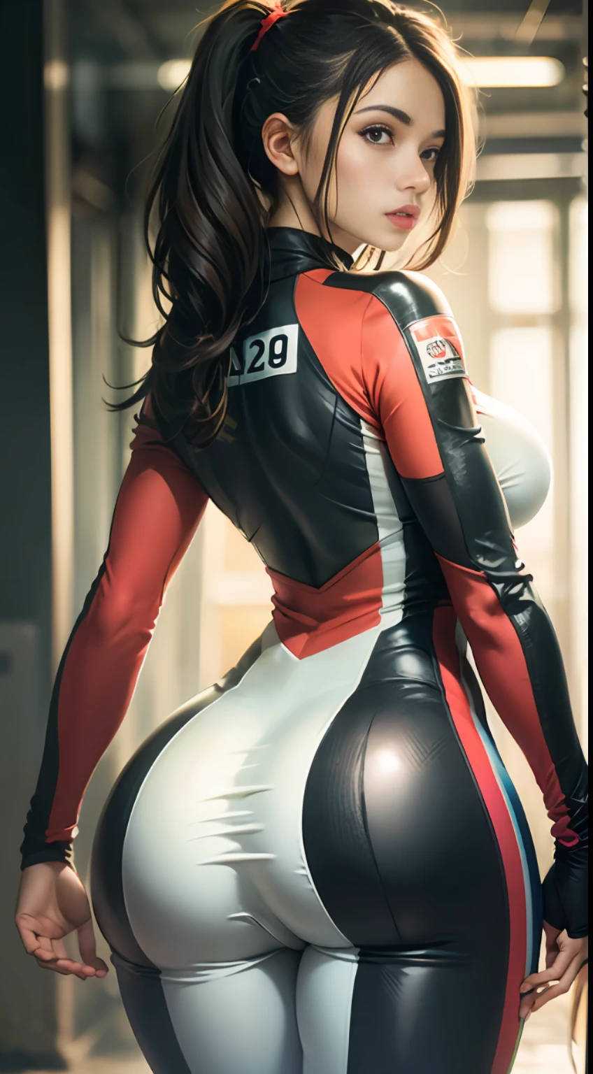 racing suit，sandbeach，（Inspired by the Avengers），pony-tail，One-piece unisex trousers，machine girl，Security level，massive ass，（8K，photo RAW，Fotorrealista：1，25），（Excessive lip gloss，Lots of eyelashes，beste Quality，ultra-highresolution，deep of field，chromaticaberration，Wide light，Natural colors，Distant pictures（1：2）