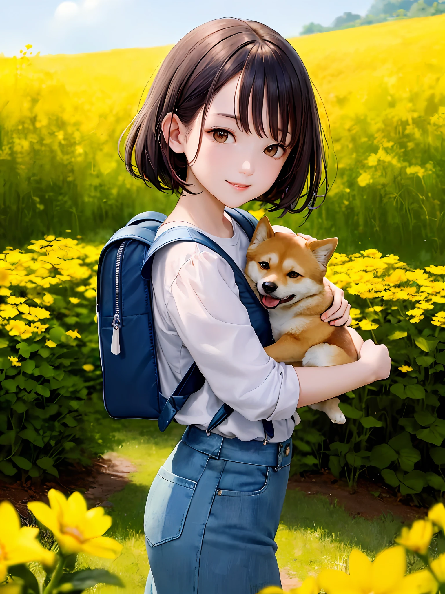 A charming young girl carrying a backpack，With her cute Shiba Inu puppy，Enjoy the outing surrounded by beautiful yellow flowers and nature。The illustration is a high-definition illustration in 4K resolution，with highly-detailed facial features and cartoon-style visuals。