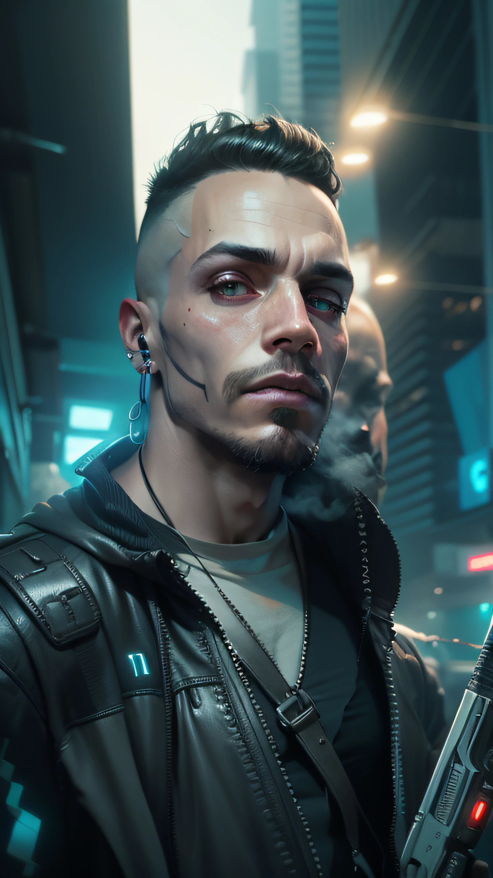 Cyberpunk, estilo epico, background escuro com luzes roxas, cicatrizes no rosto, partes robotica, homem 19 anos --auto